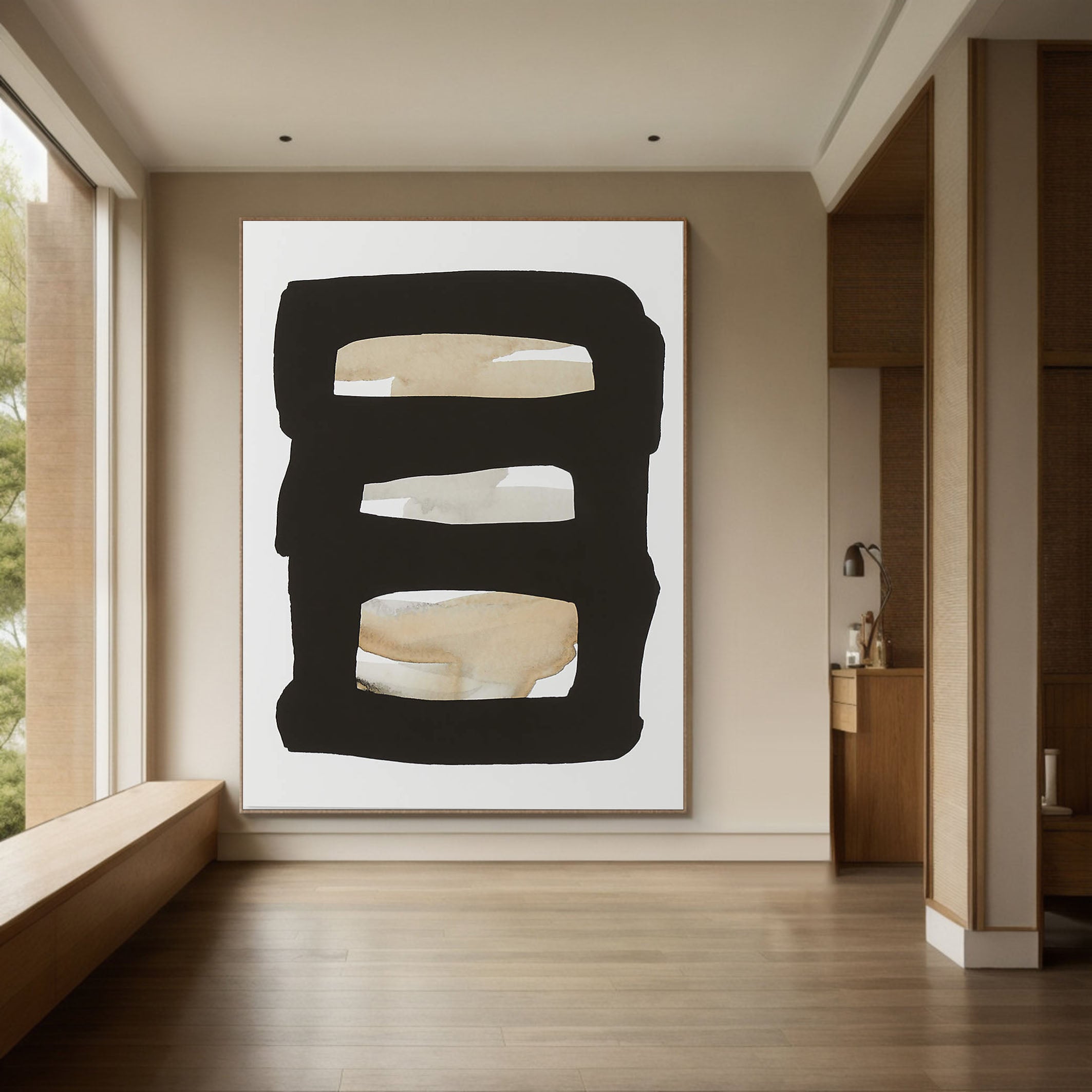 Horizontal Stripes Abstract - Black Beige Canvas Art #MMA 190