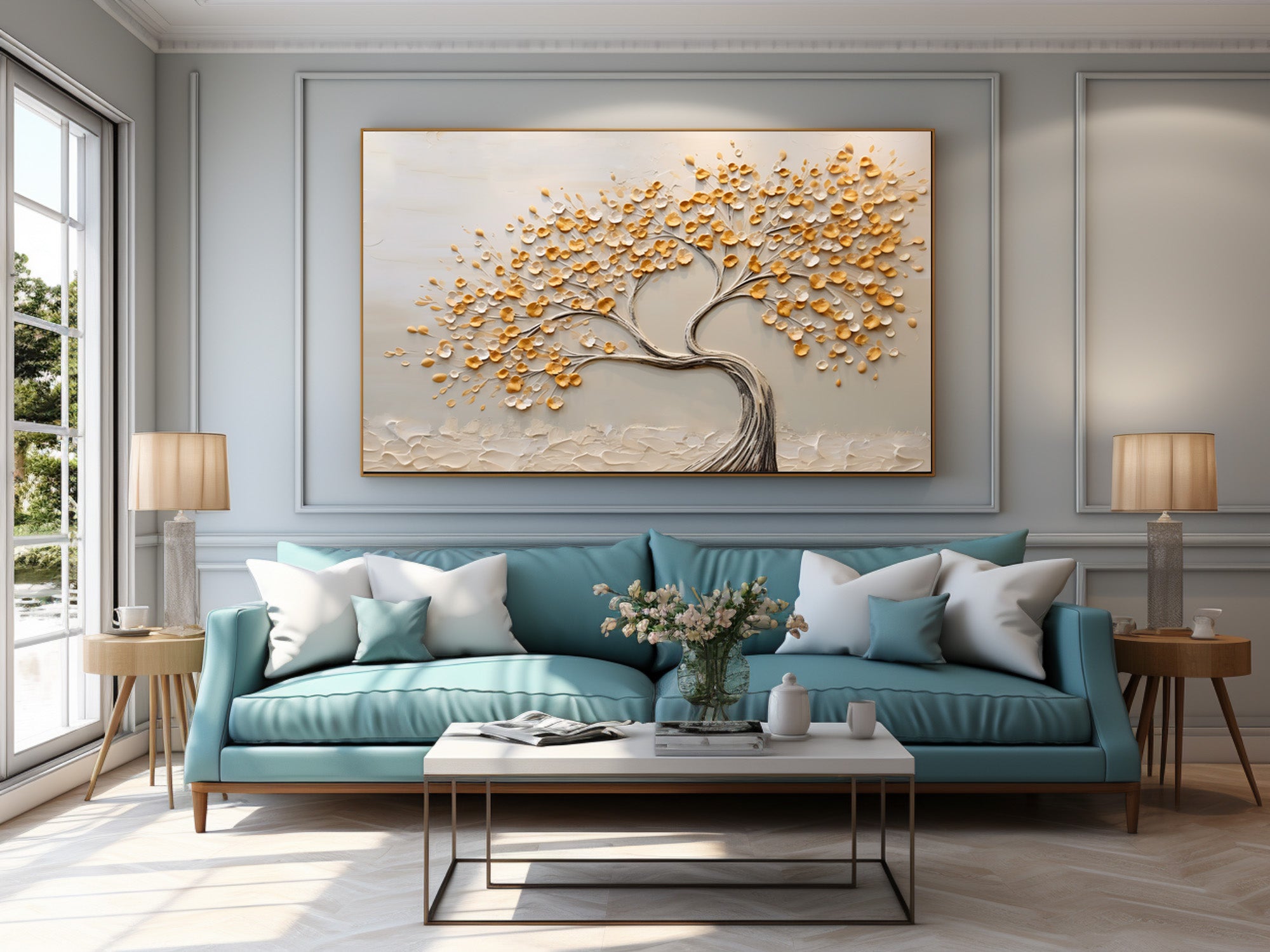 Neutral Tone Tree Artwork Hand Painted Gold Accents #AG 093