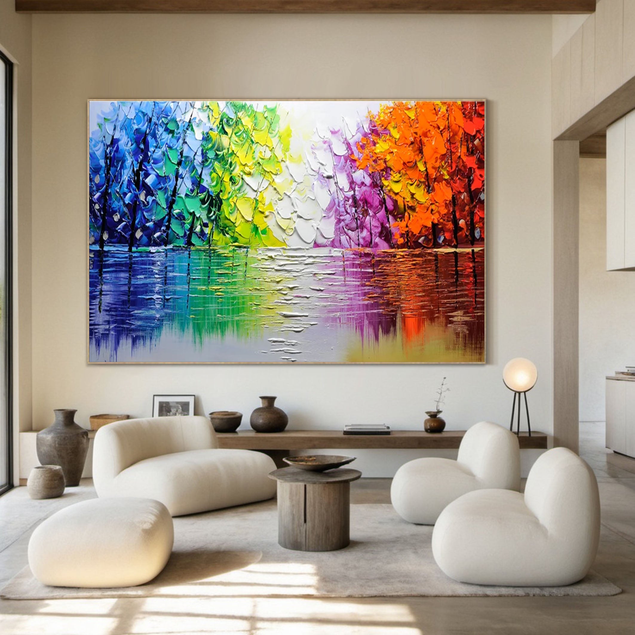 Autumn Romance Vibrant Colorful Tree and River Landscape Painting #FT 046