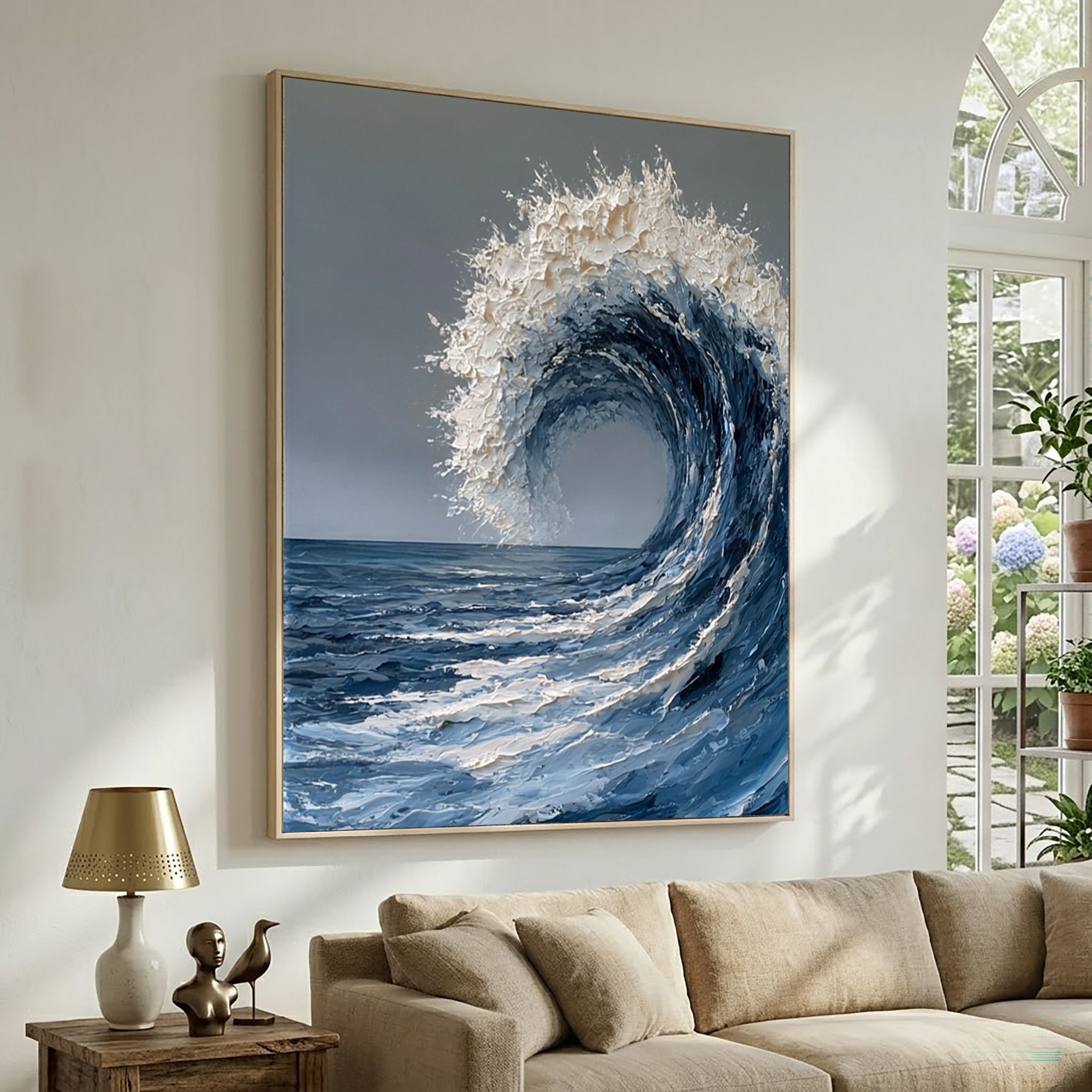 Large Textured Ocean Wave Wall Art Abstract Oil Painting Blue Sea Foam Coastal Artwork Modern Beach House Luxury Decor