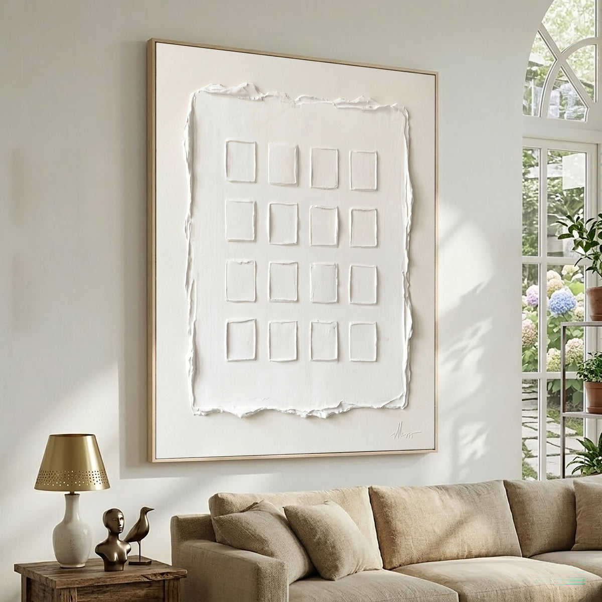 Large Minimal Geometric Relief Wall Art Ivory White Textured Abstract Painting Modern Home Decor