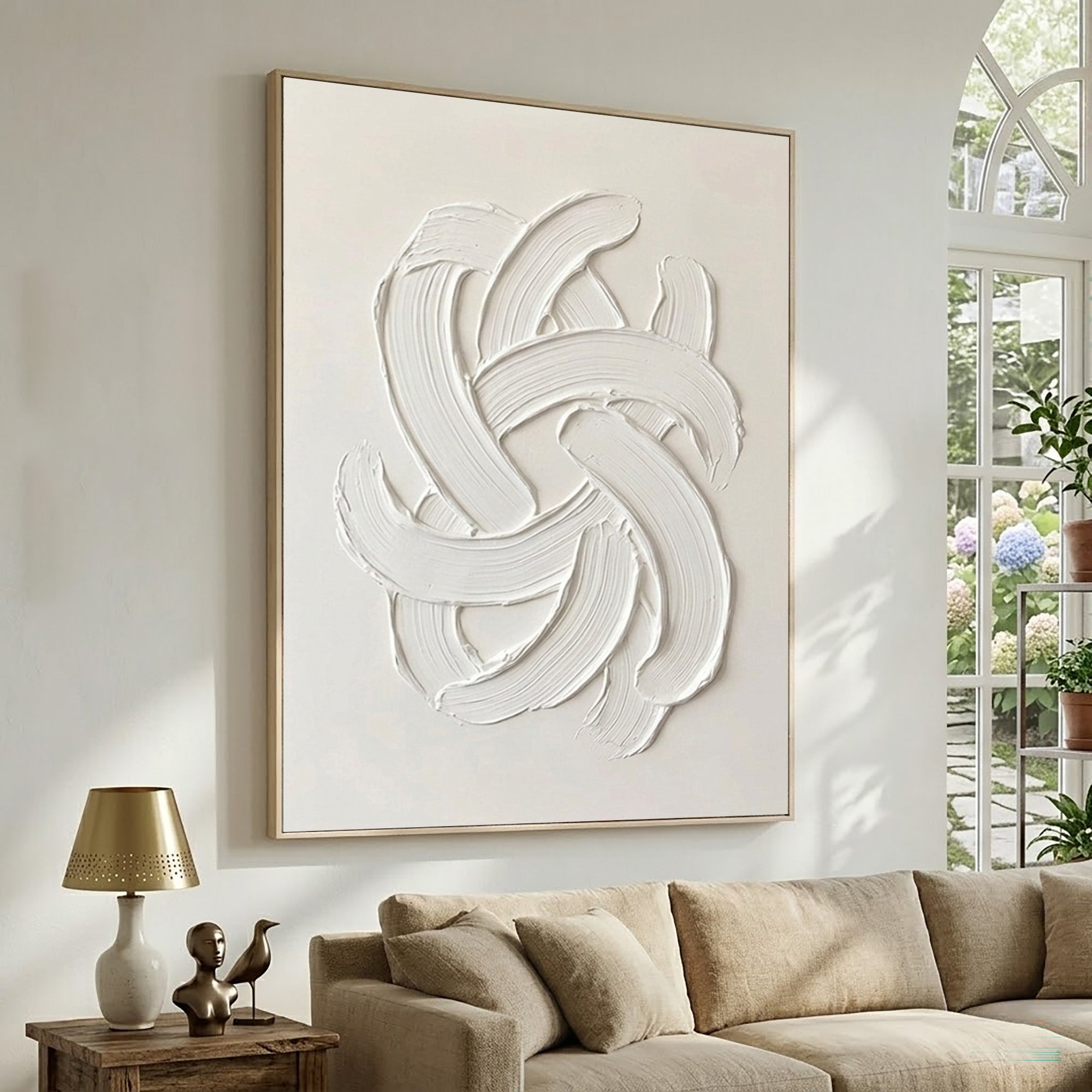 Large Contemporary White Wall Art Textured Oil Painting Minimalist Abstract Sculpture Modern Neutral Home Decor