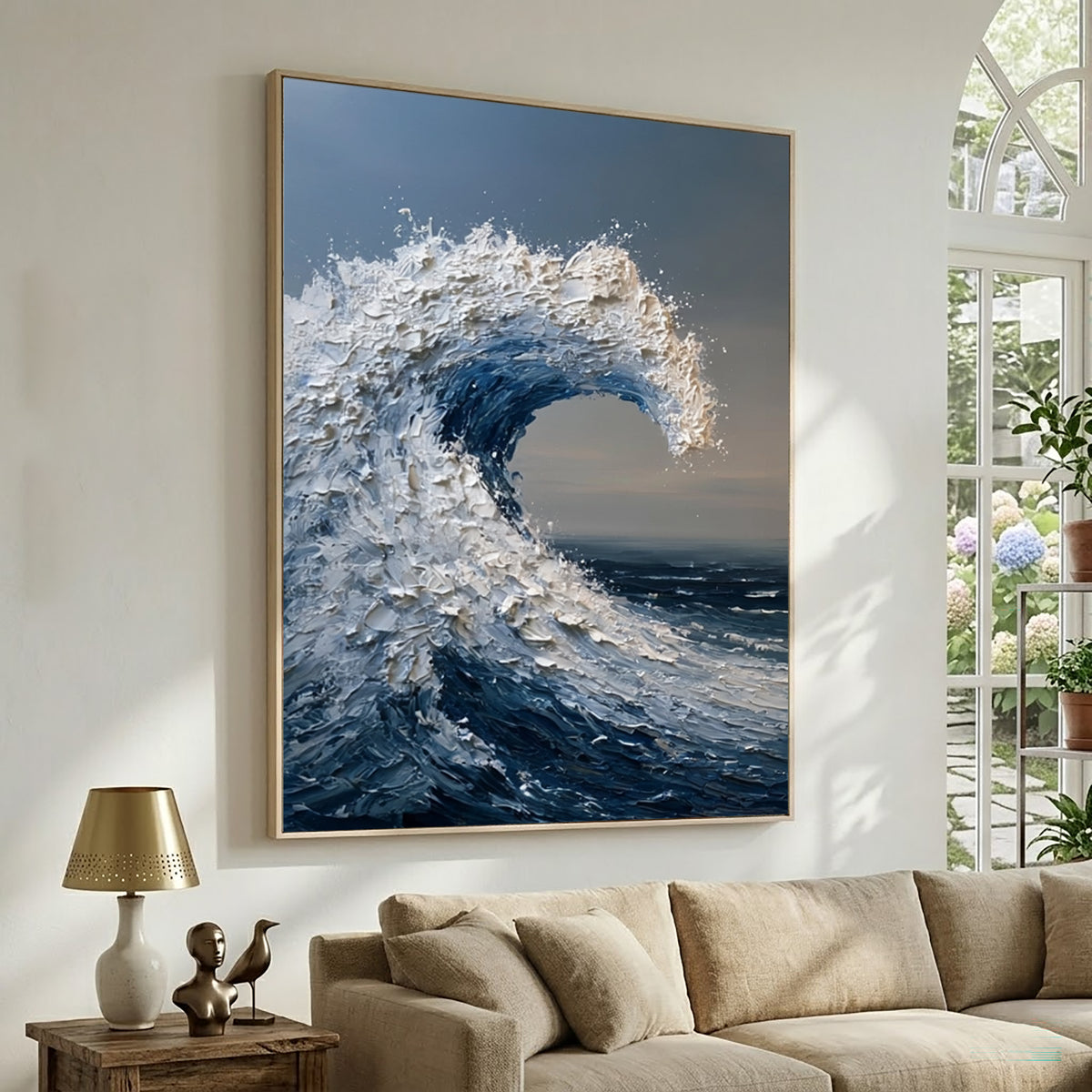 Large Wave Wall Art Textured Oil Painting Ocean Storm Sea Foam Blue Abstract Coastal Artwork Modern Statement Decor