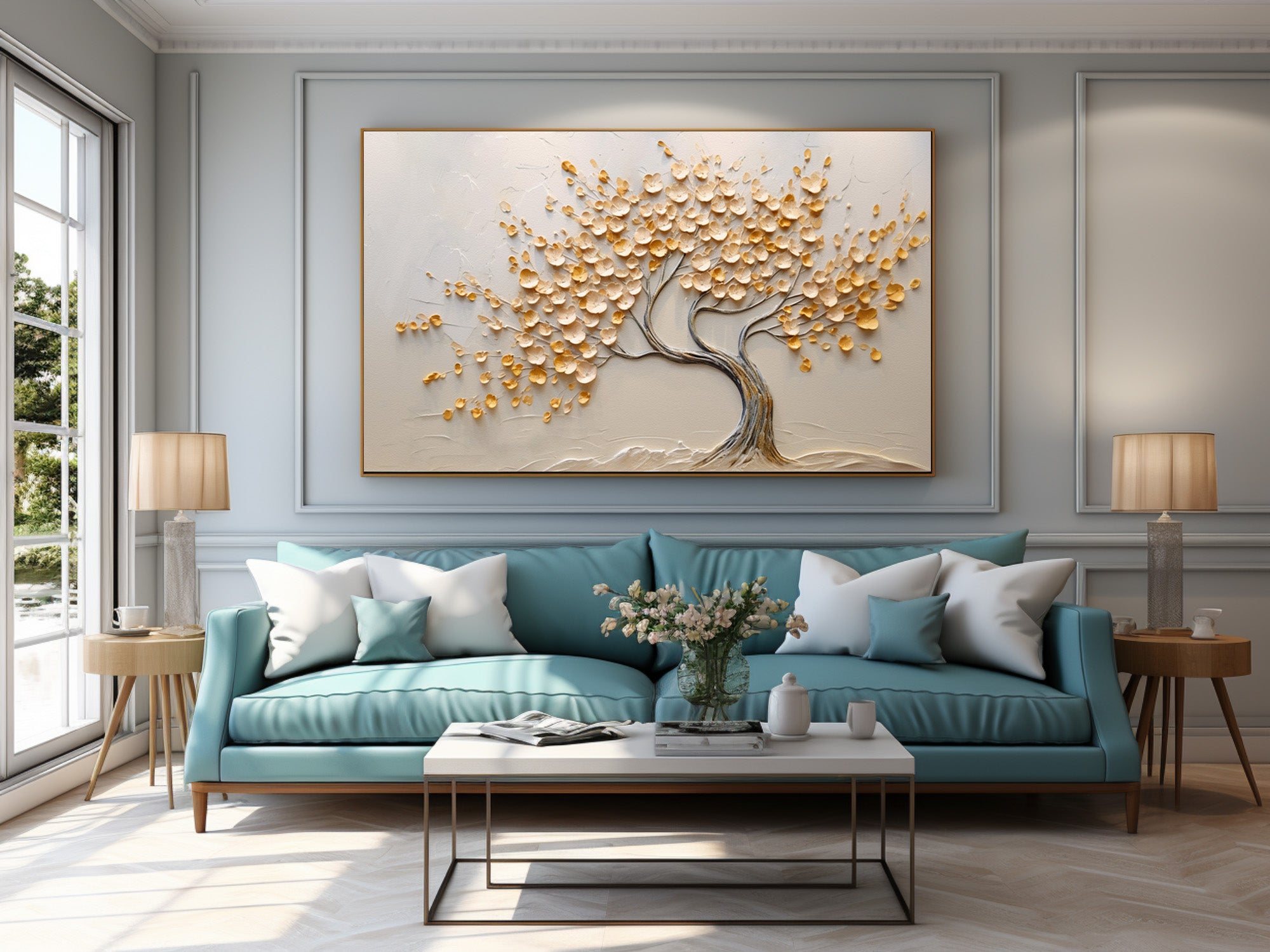 Golden Textured Tree Art Modern Living Room Decor #AG 092