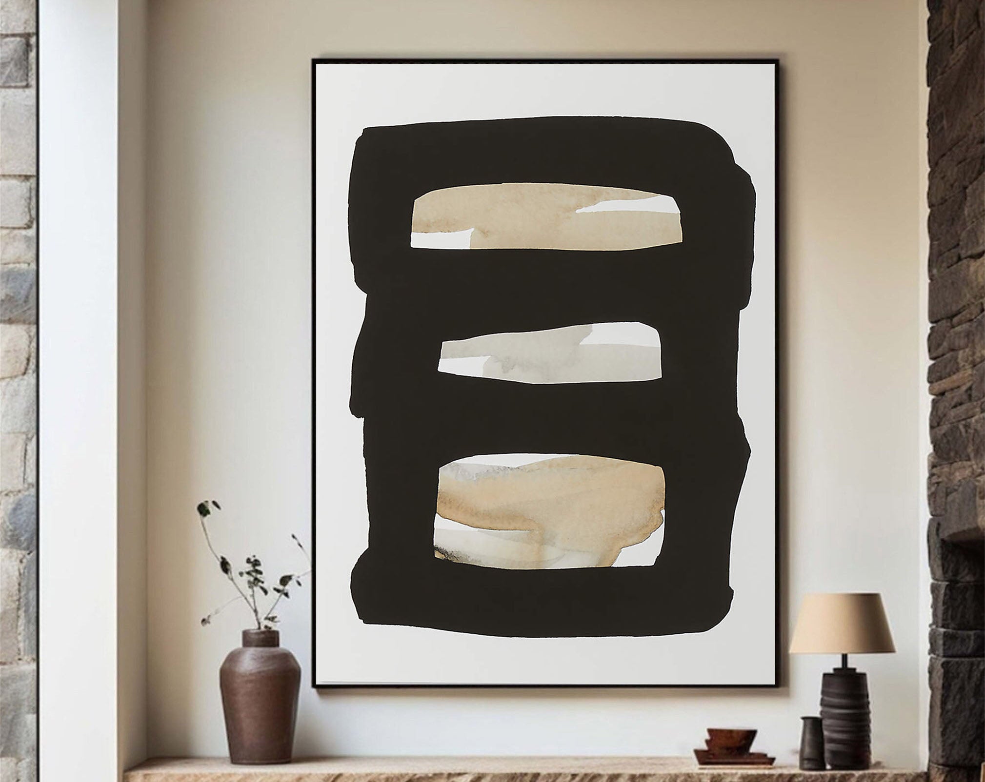Horizontal Stripes Abstract - Black Beige Canvas Art #MMA 190
