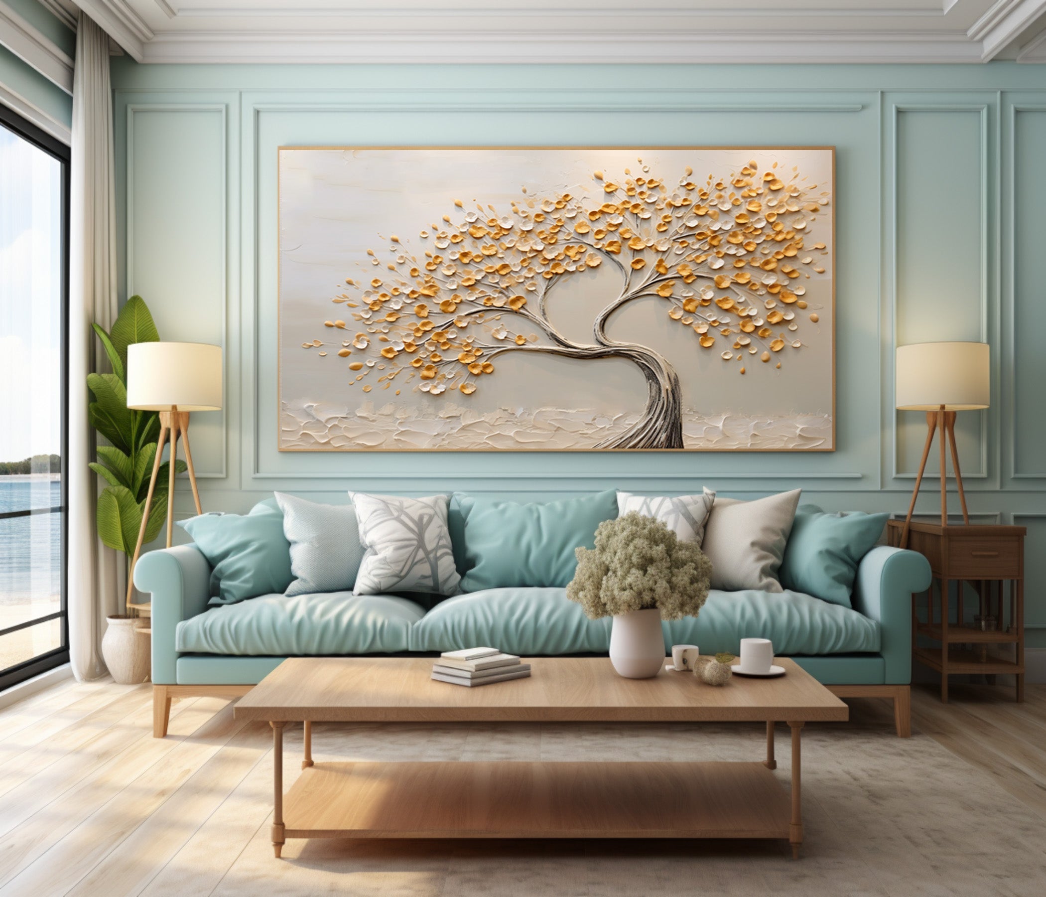 Neutral Tone Tree Artwork Hand Painted Gold Accents #AG 093