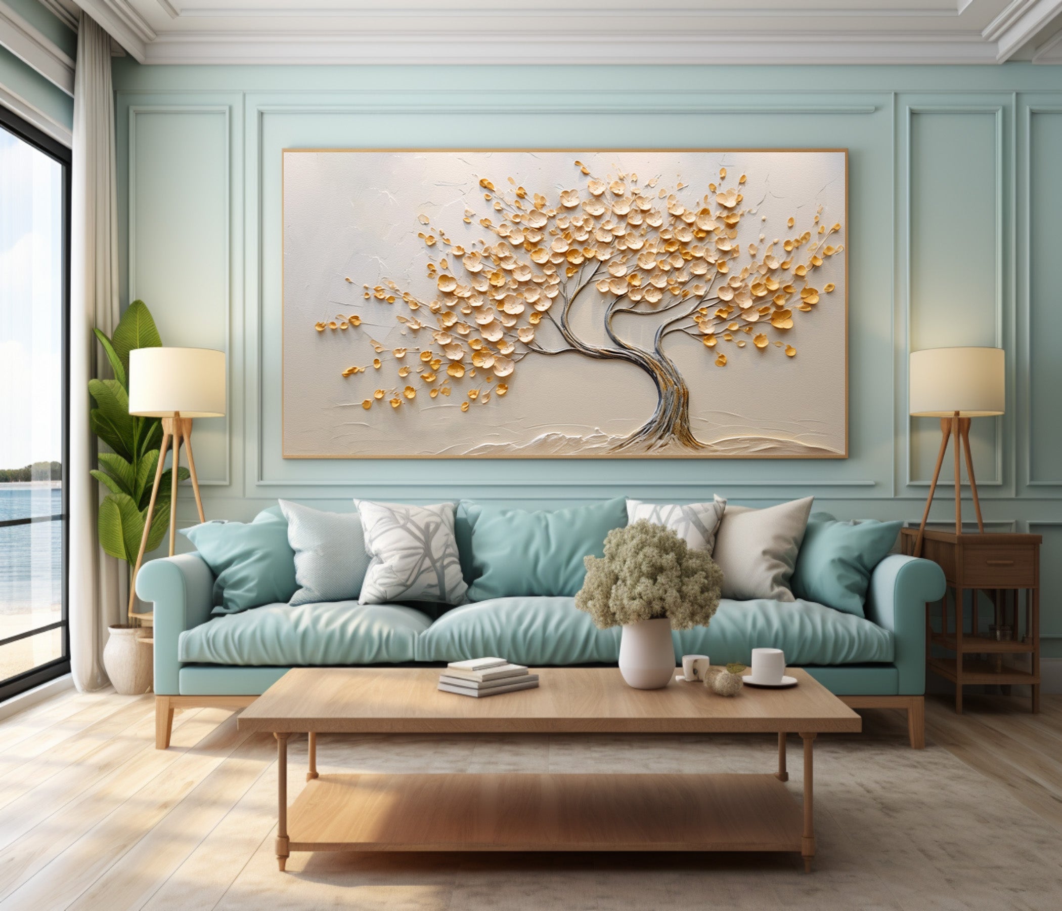 Golden Textured Tree Art Modern Living Room Decor #AG 092