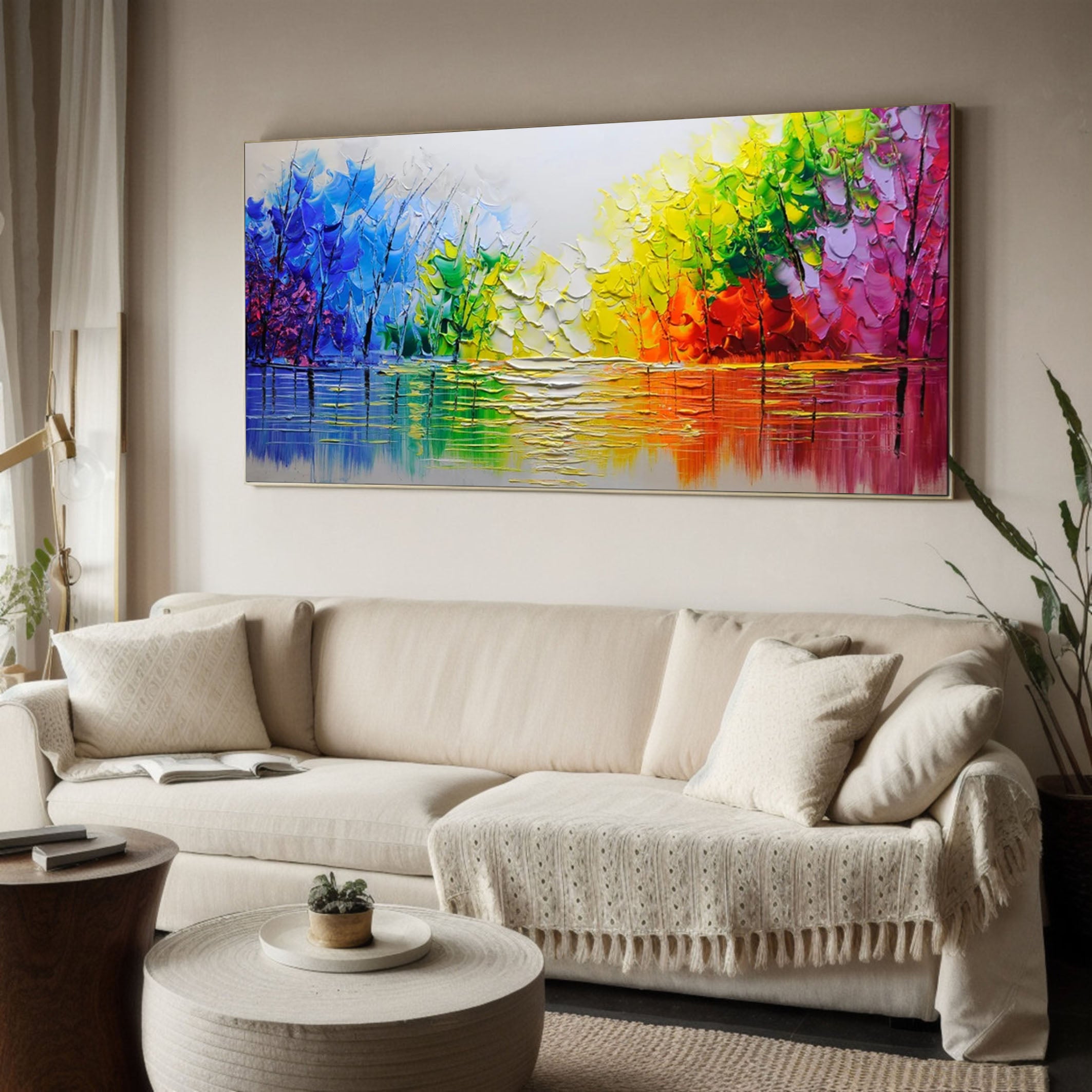 Autumn Romance Vibrant Colorful Tree and River Landscape Painting #FT 048