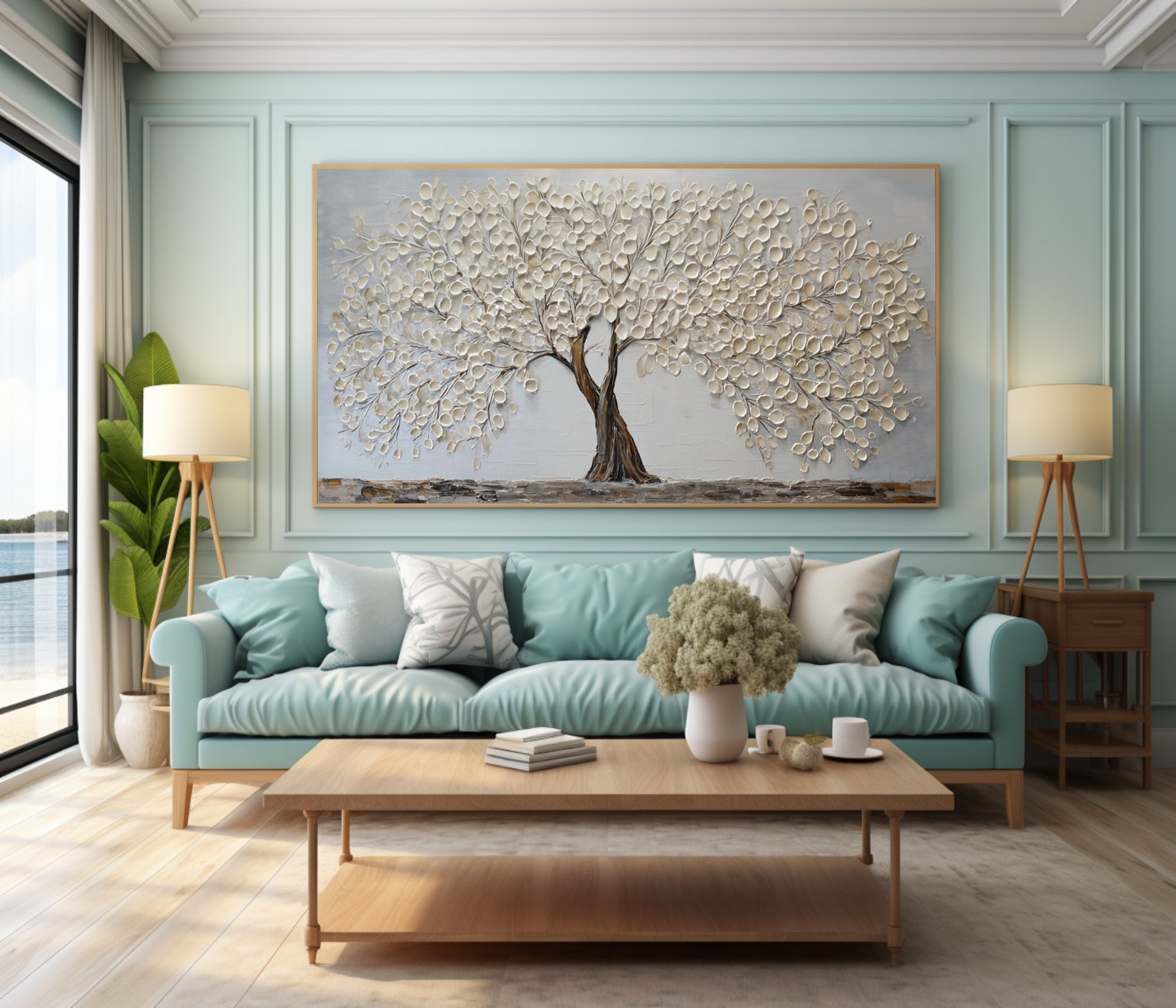 Textured Gold Leaf Tree Art Modern Living Room #AG 091