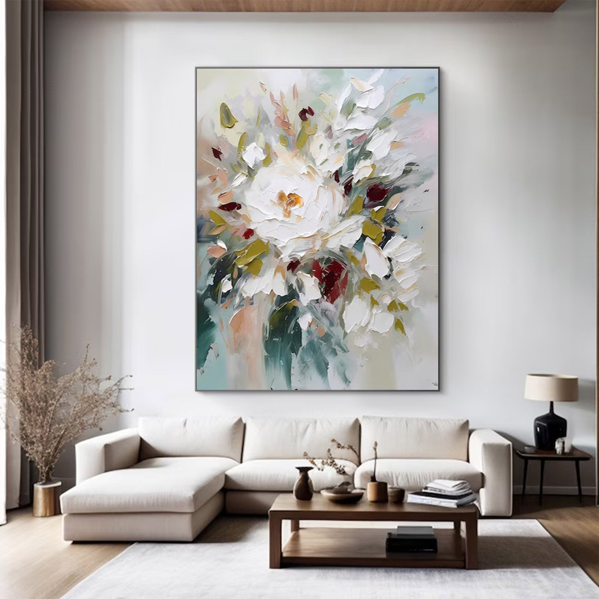 Large White Floral Abstract Art | KeiraArt #AG 108