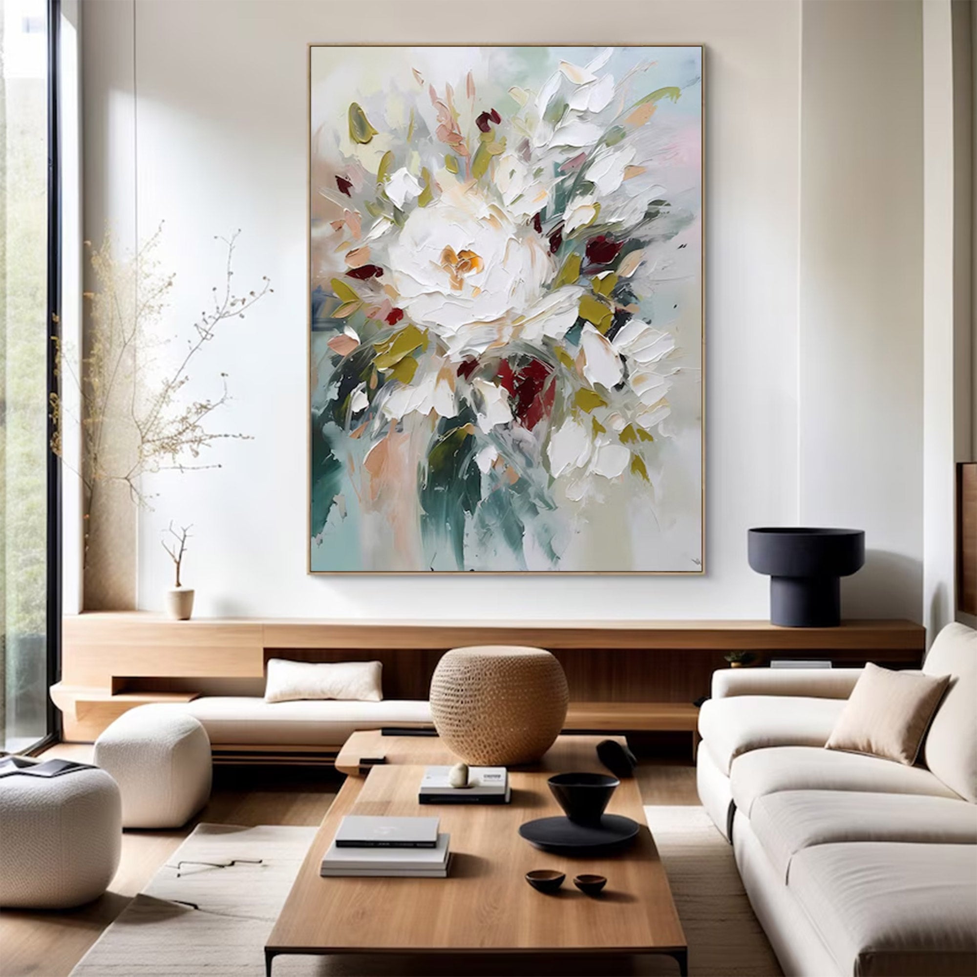 Large White Floral Abstract Art | KeiraArt #AG 108