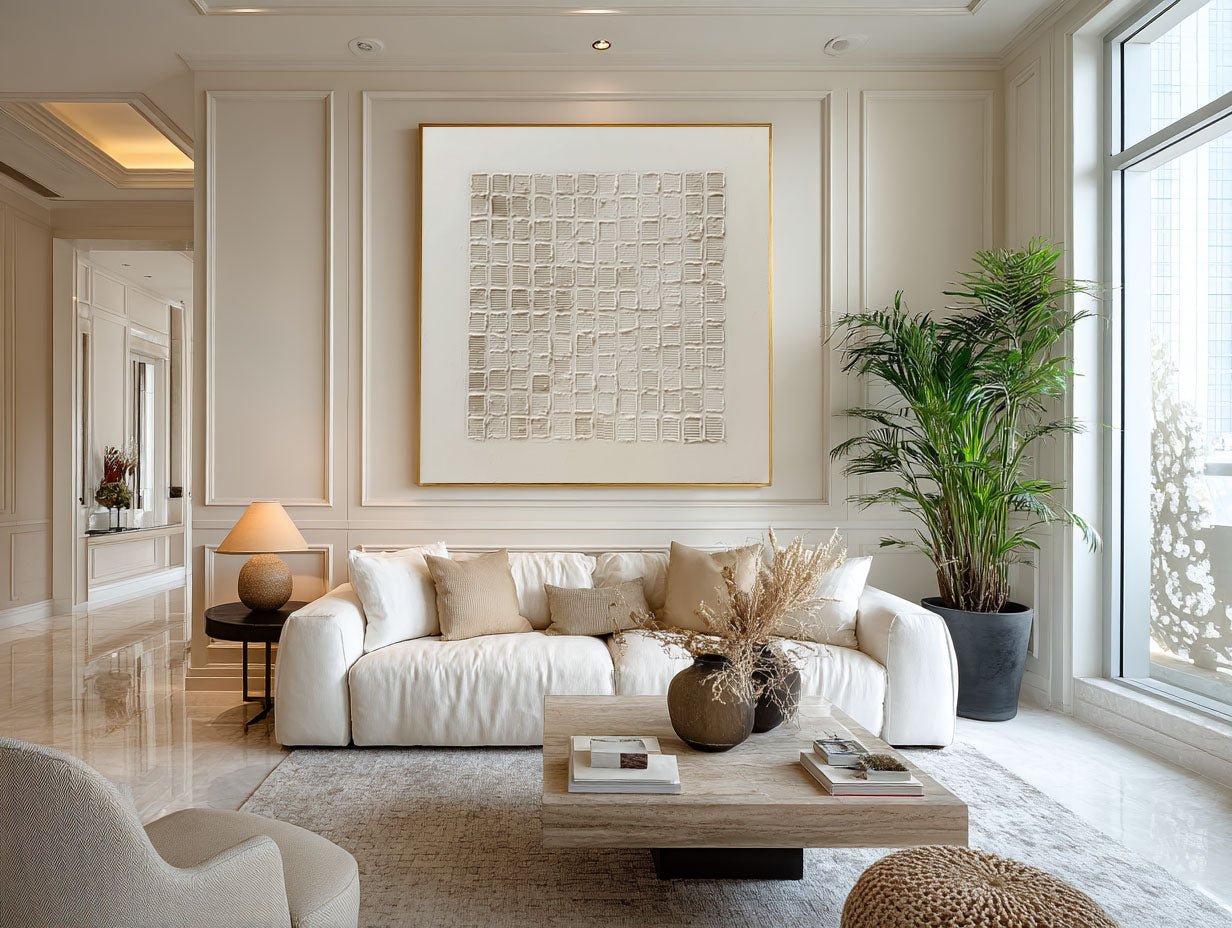 Large Textured Grid Art - Minimalist White Abstract #AG 058