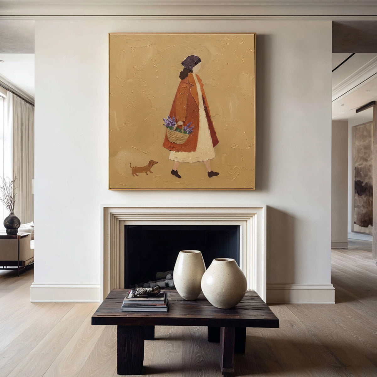 The Quiet Pleasure Of Wandering Original Figurative Painting Woman Dog Floral Basket European Interior Wall Art