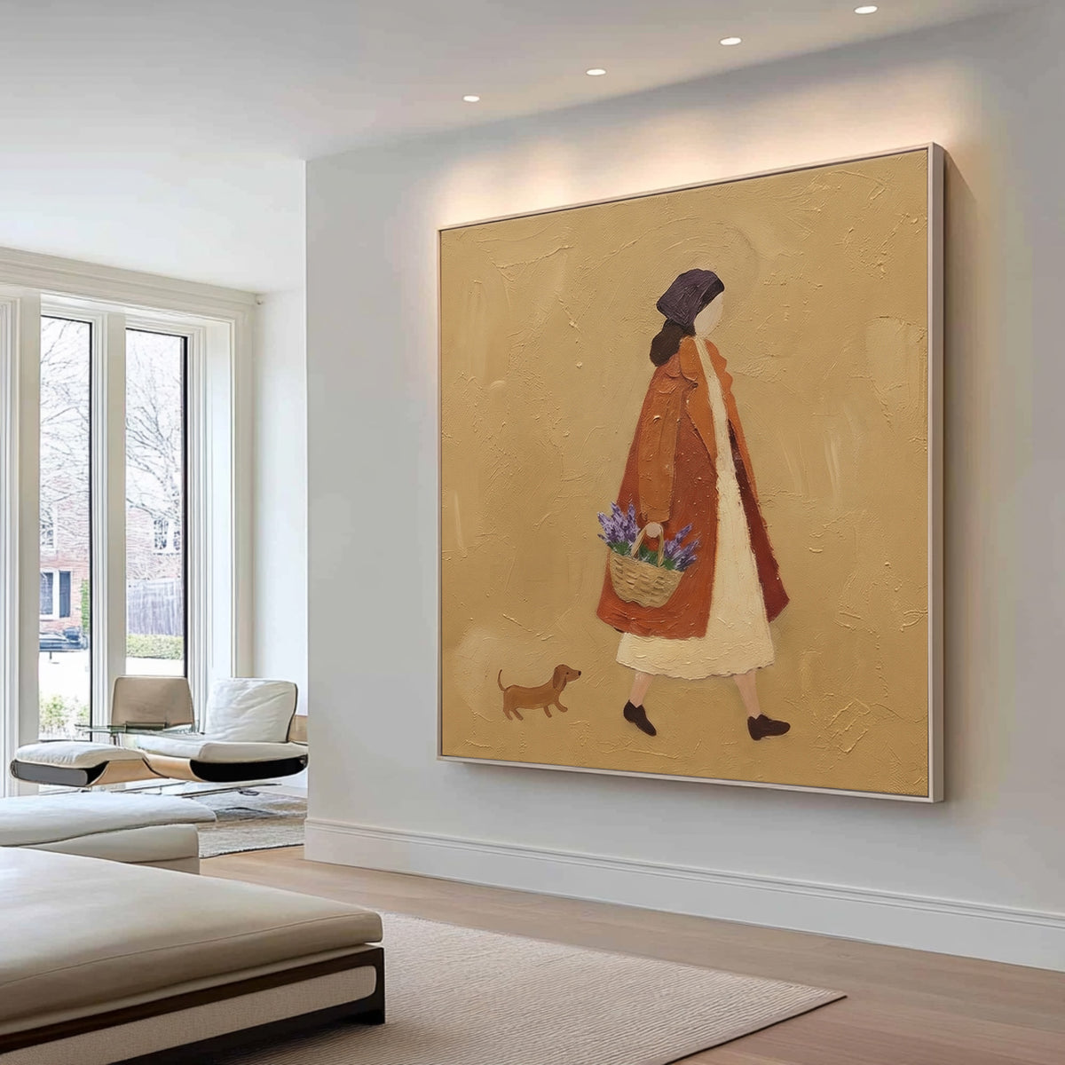 The Quiet Pleasure Of Wandering Original Figurative Painting Woman Dog Floral Basket European Interior Wall Art