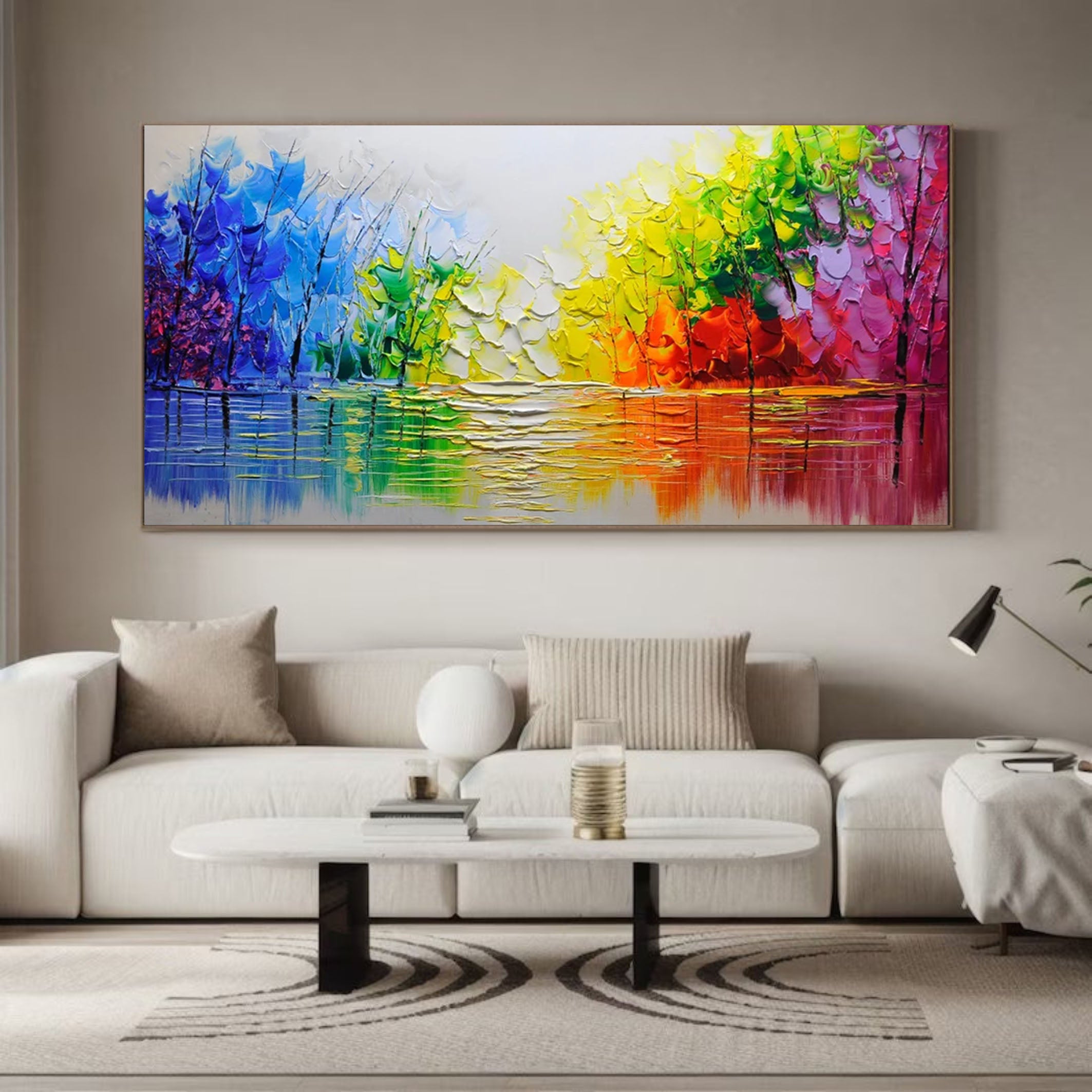 Autumn Romance Vibrant Colorful Tree and River Landscape Painting #FT 048