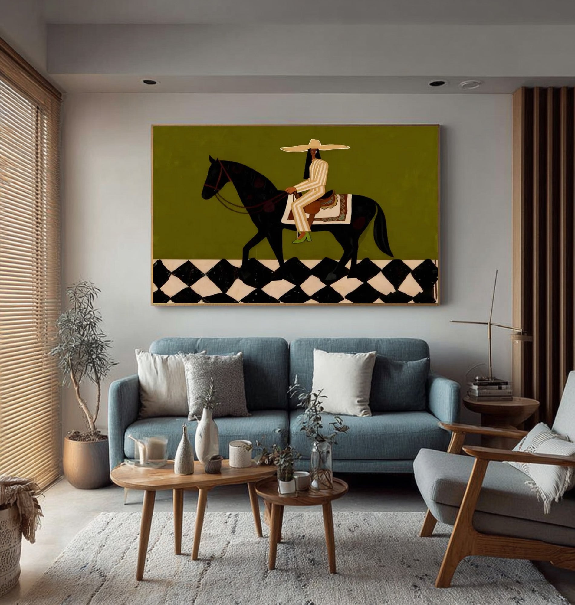 Large Modern Equestrian Wall Art Black Horse and Rider Painting | KeiraArt