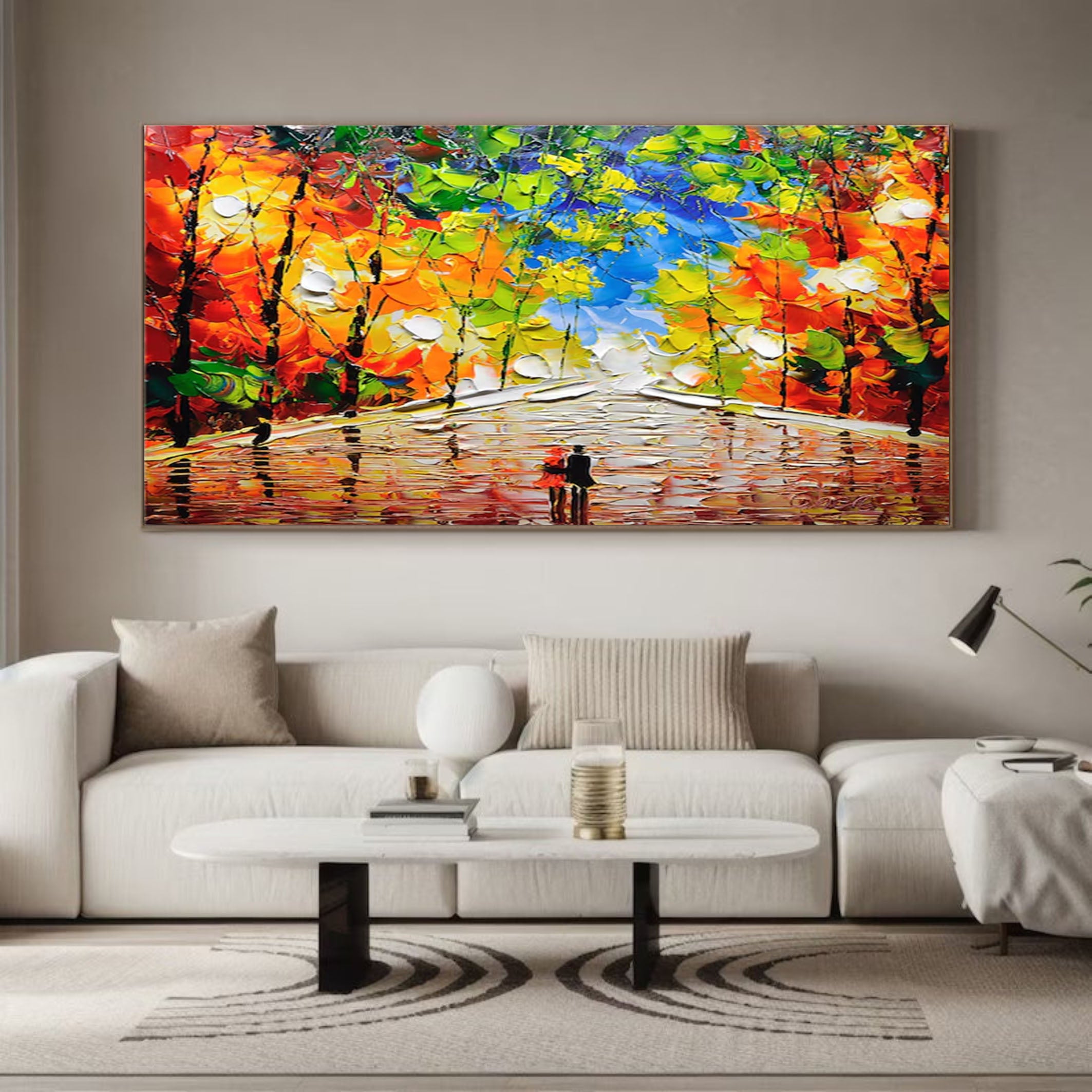 Autumn Romance Vibrant Colorful Tree and River Landscape Painting #FT 044