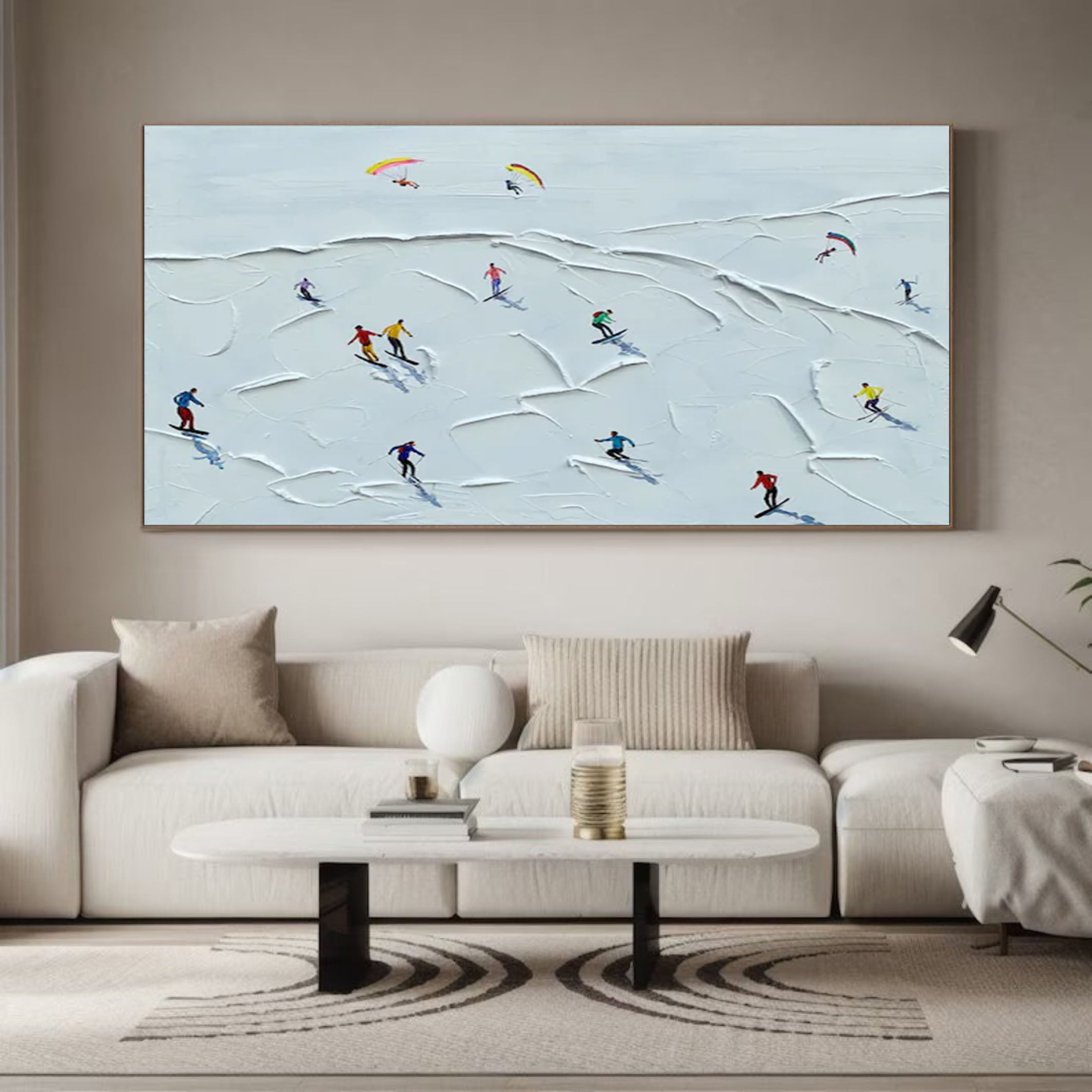 Winter Skiing Scene Wall Art Textured Canvas for Modern Home Decor #ASP 012