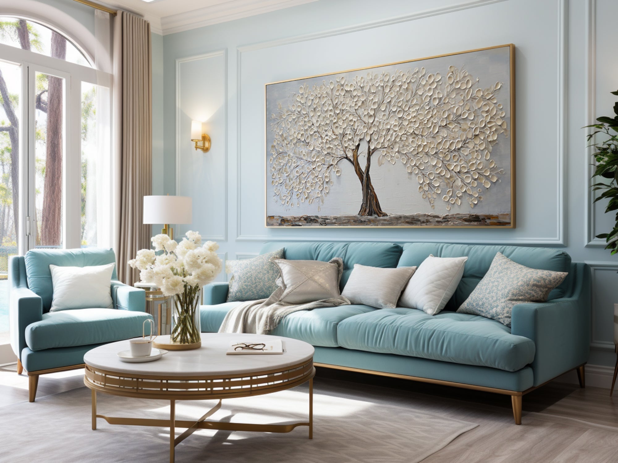 Textured Gold Leaf Tree Art Modern Living Room #AG 091