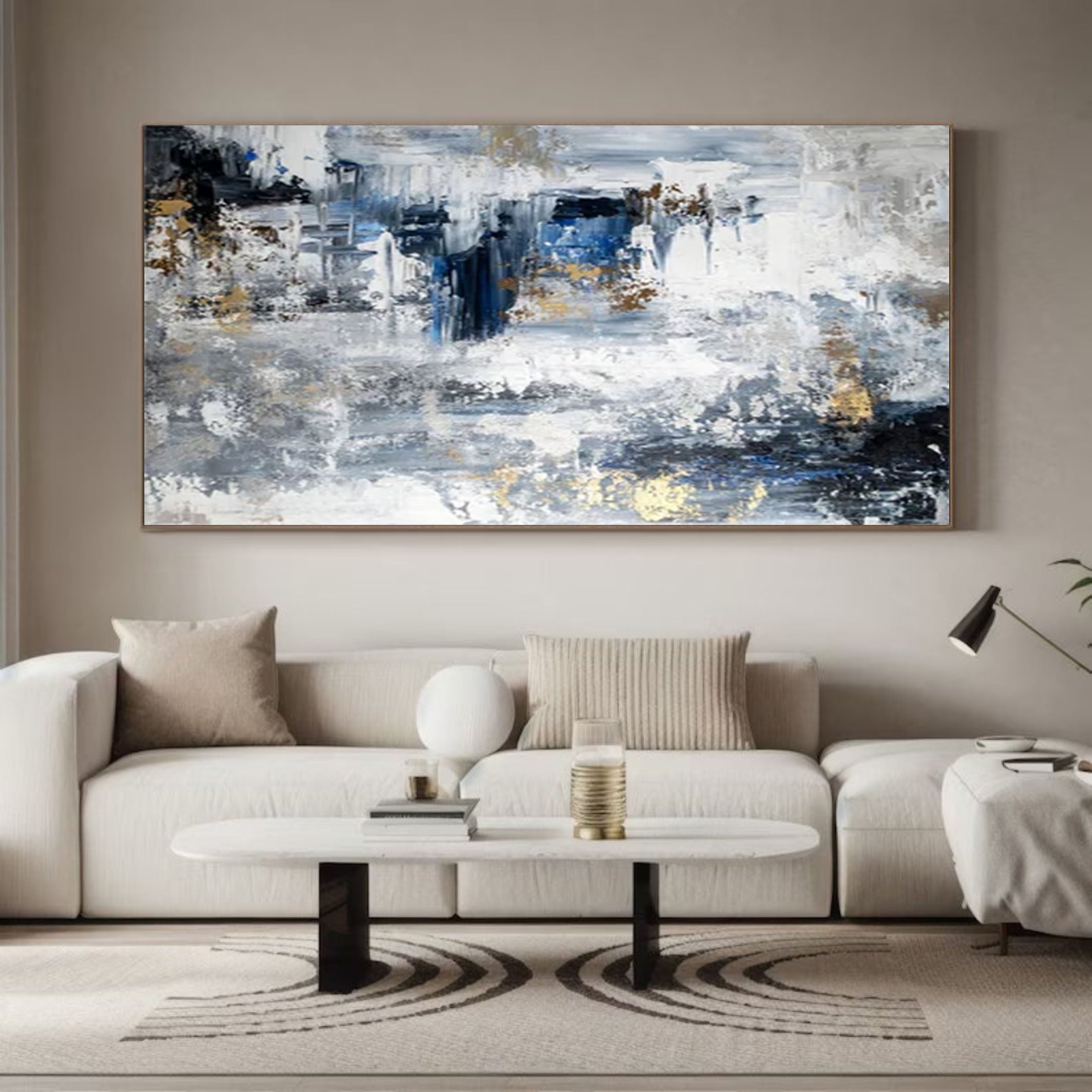 Large Modern Abstract Wall Art Blue and Metallic Painting #AP 063