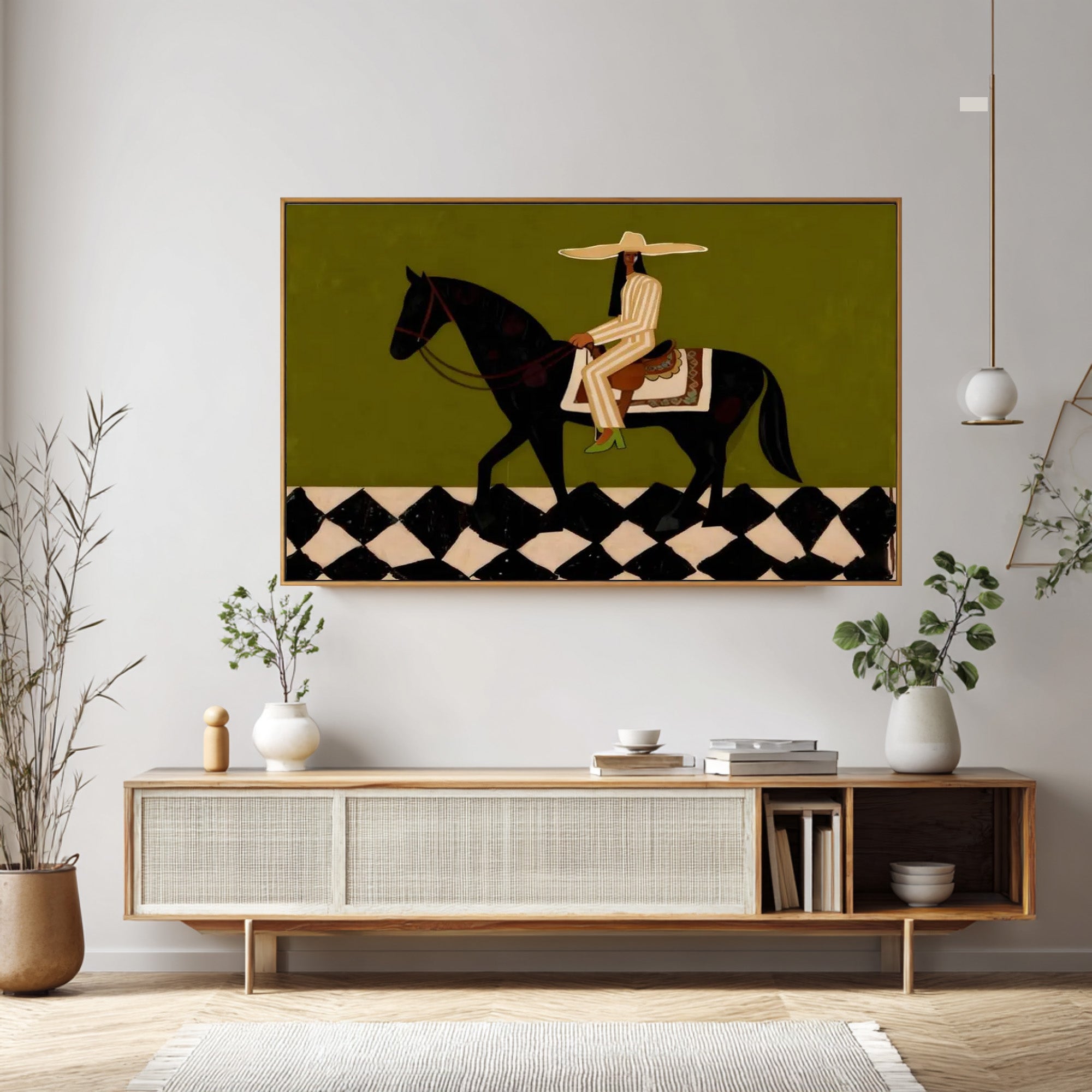 Large Modern Equestrian Wall Art Black Horse and Rider Painting | KeiraArt