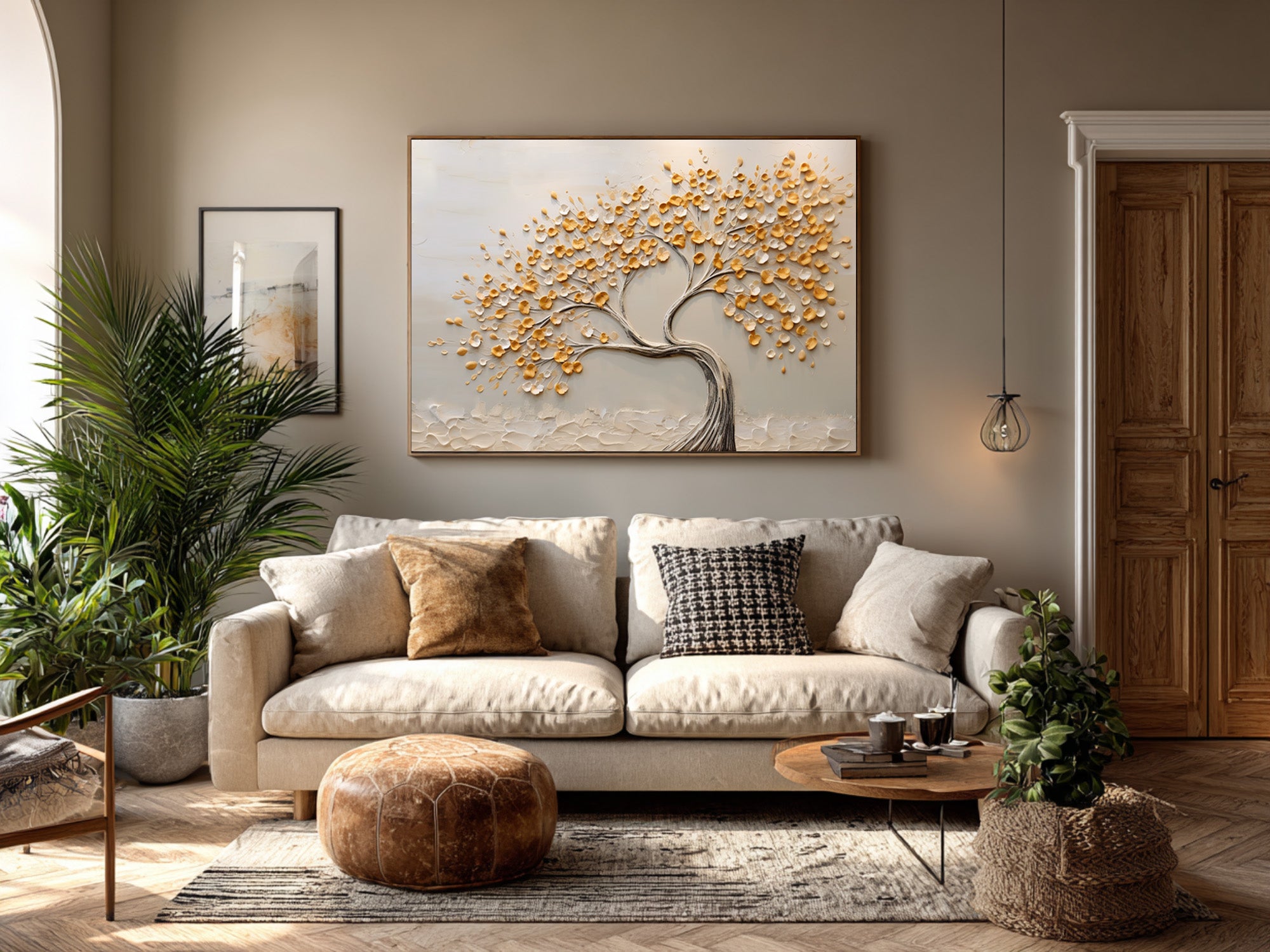 Neutral Tone Tree Artwork Hand Painted Gold Accents #AG 093