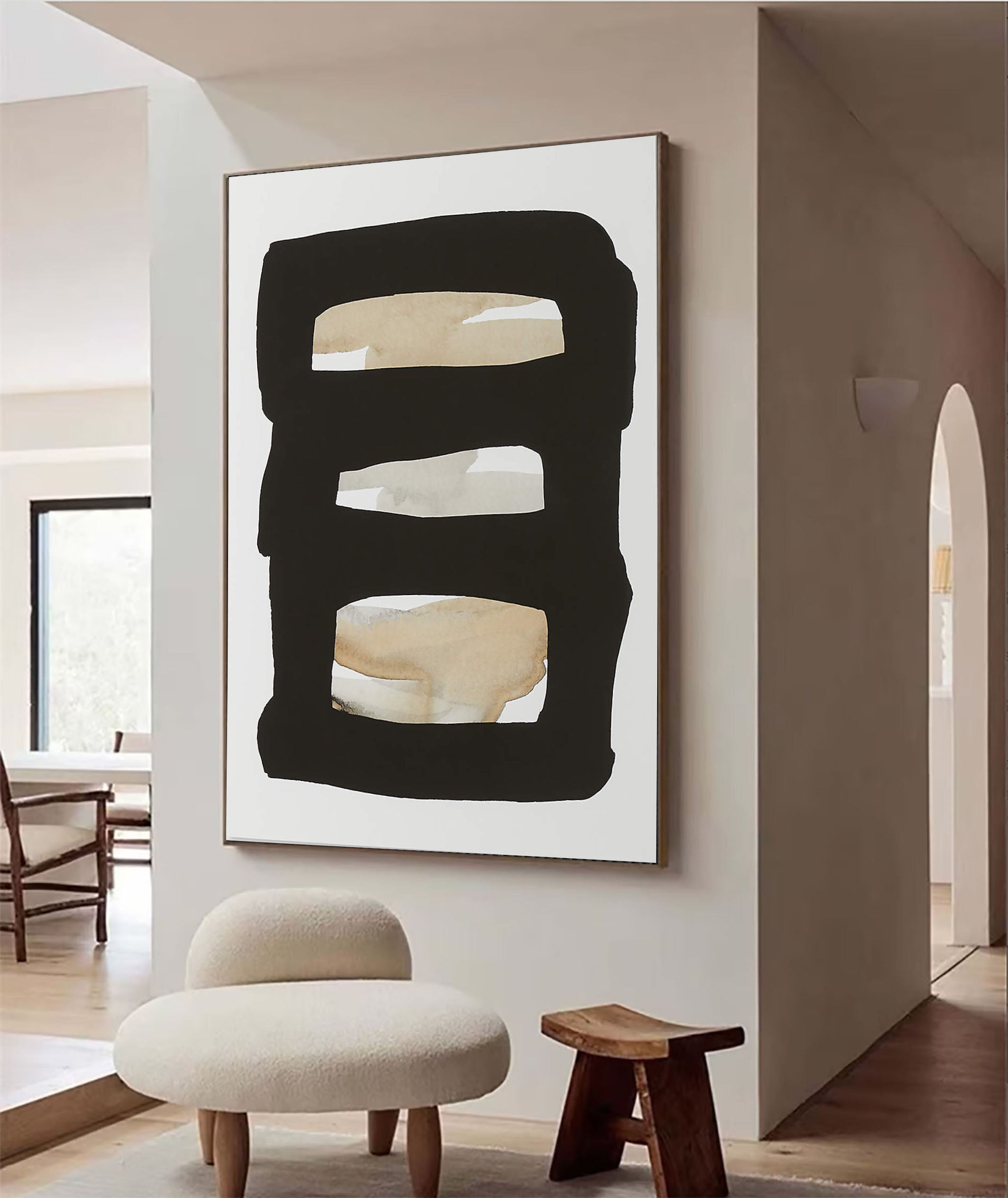 Horizontal Stripes Abstract - Black Beige Canvas Art #MMA 190