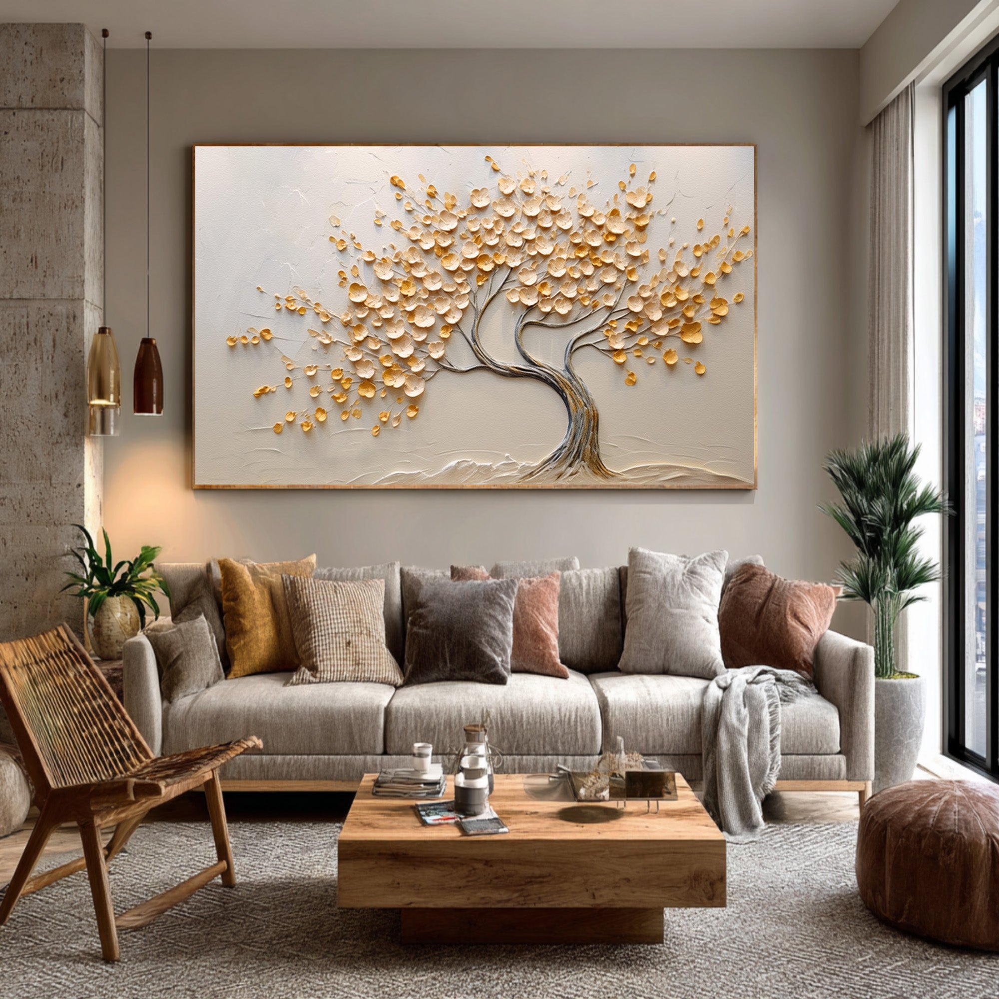Golden Textured Tree Art Modern Living Room Decor #AG 092