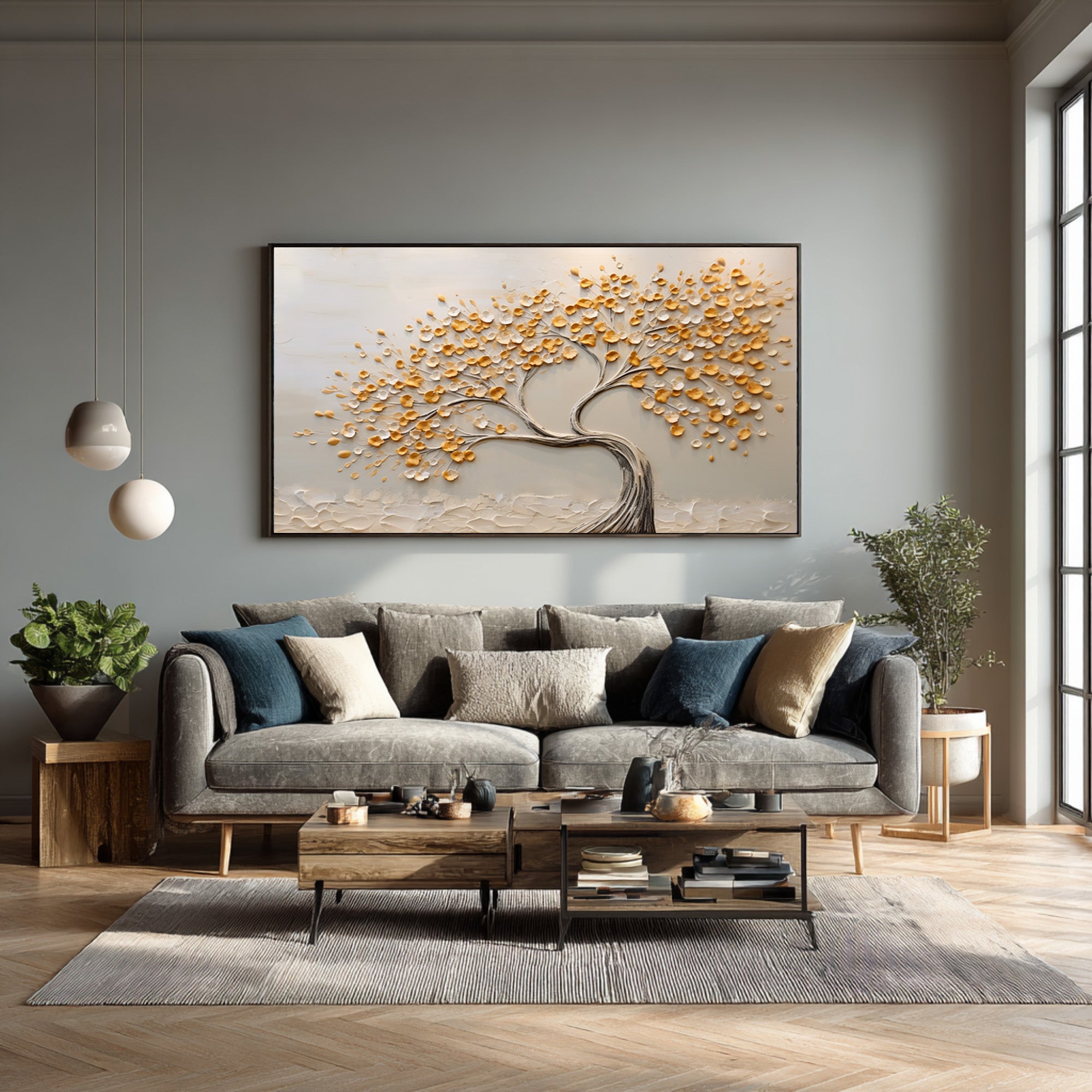 Neutral Tone Tree Artwork Hand Painted Gold Accents #AG 093