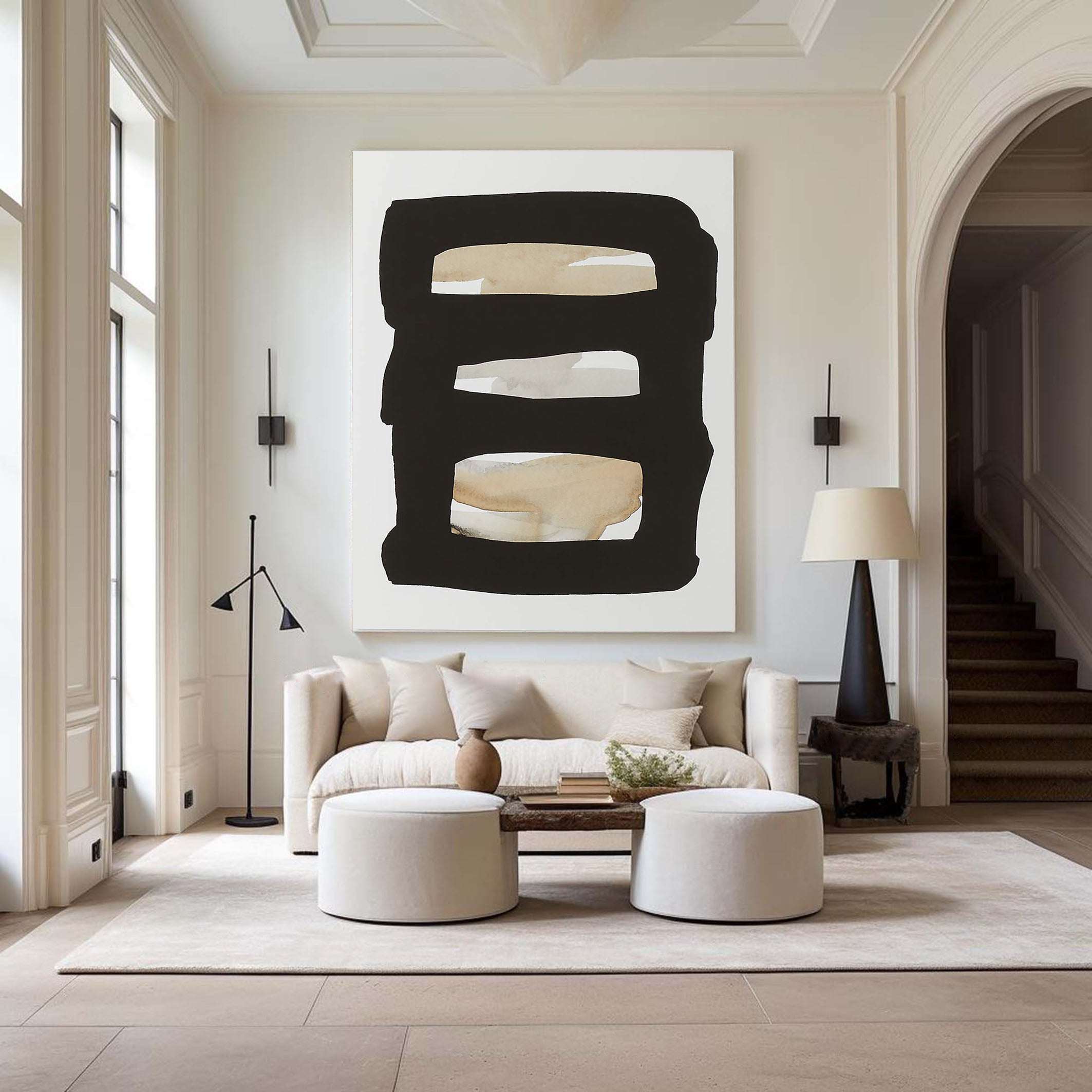 Horizontal Stripes Abstract - Black Beige Canvas Art #MMA 190
