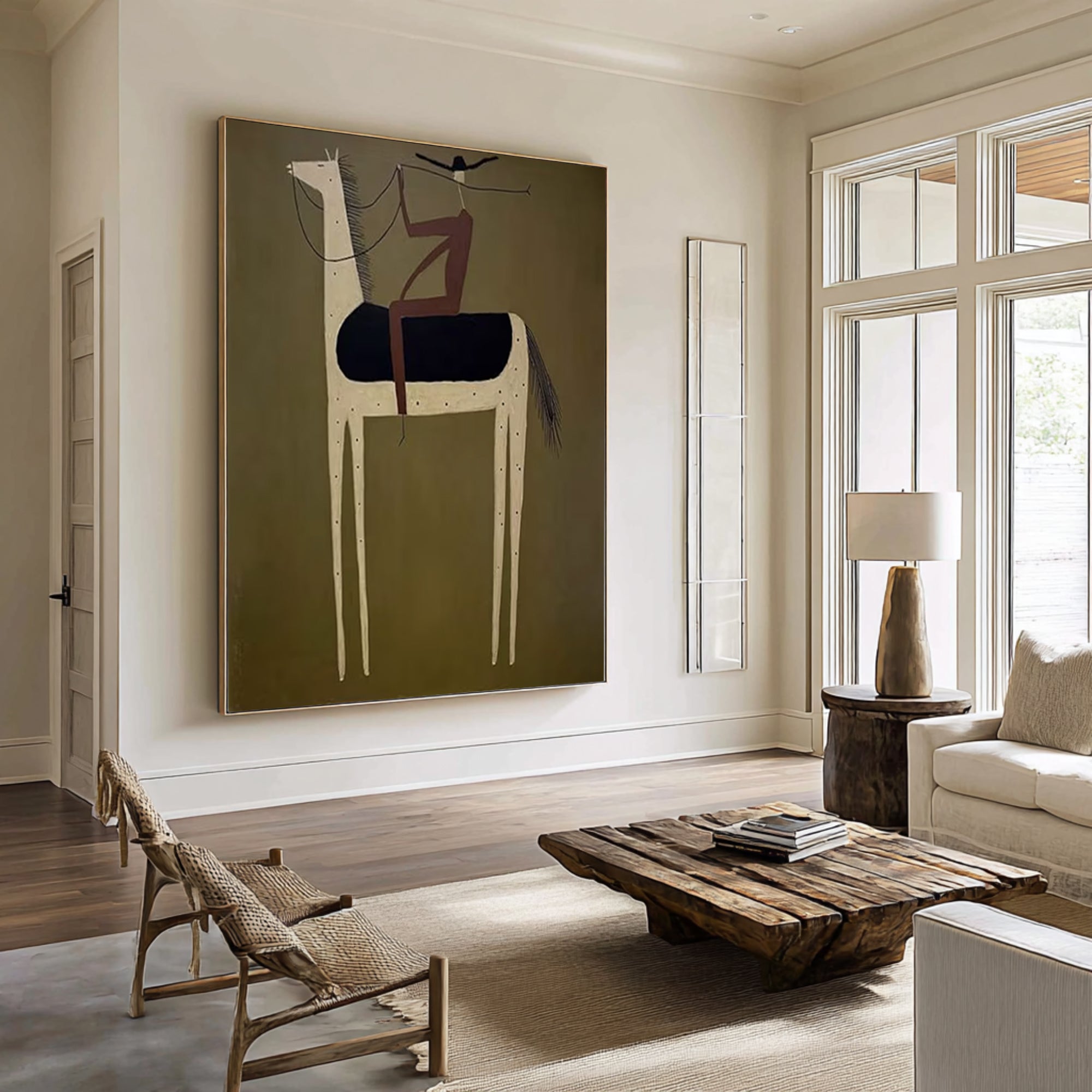 Oversized Olive Green Horse Painting Modern Figurative Canvas Art