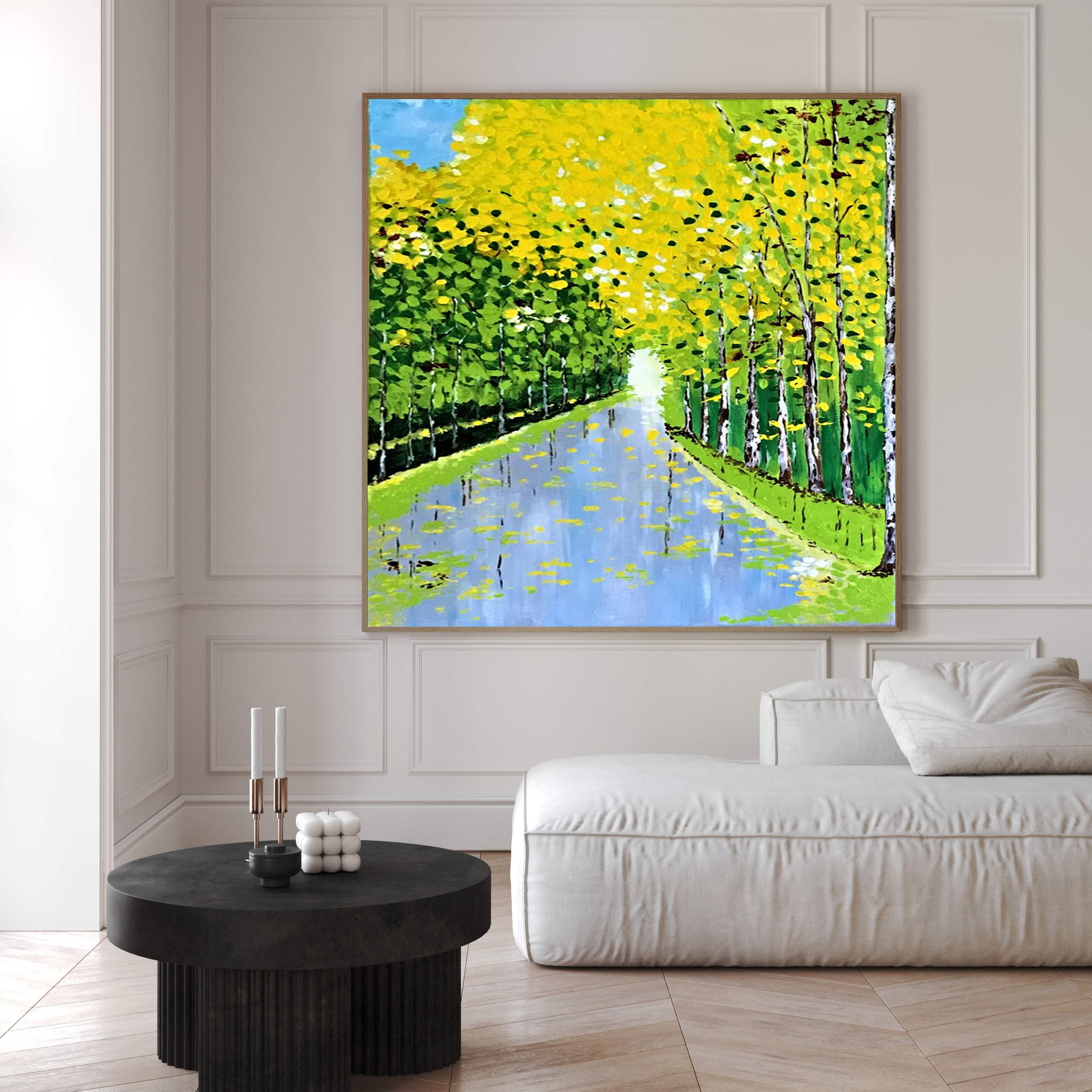 Autumn Romance Vibrant Colorful Tree and River Landscape Painting #FT 049