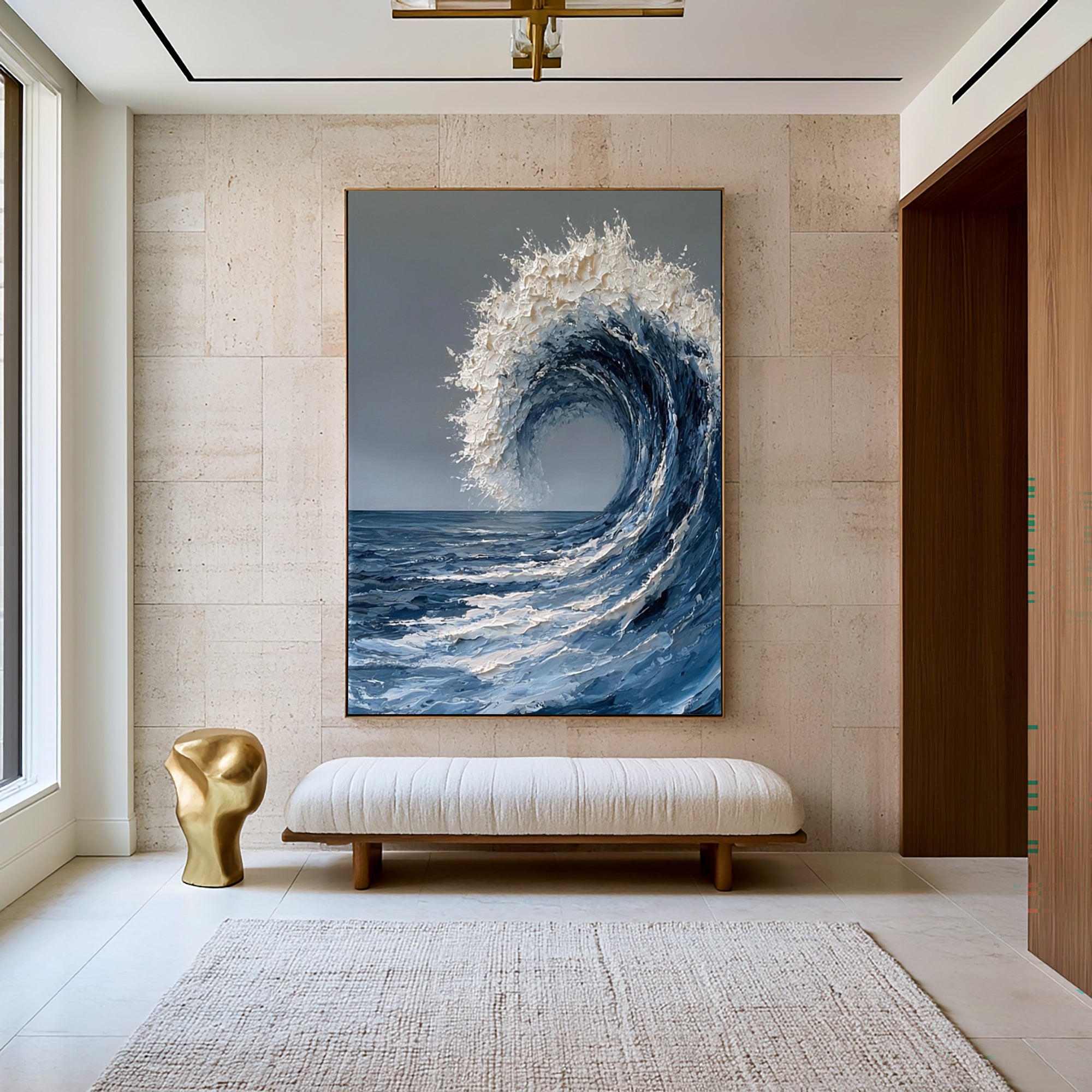 Large Textured Ocean Wave Wall Art Abstract Oil Painting Blue Sea Foam Coastal Artwork Modern Beach House Luxury Decor