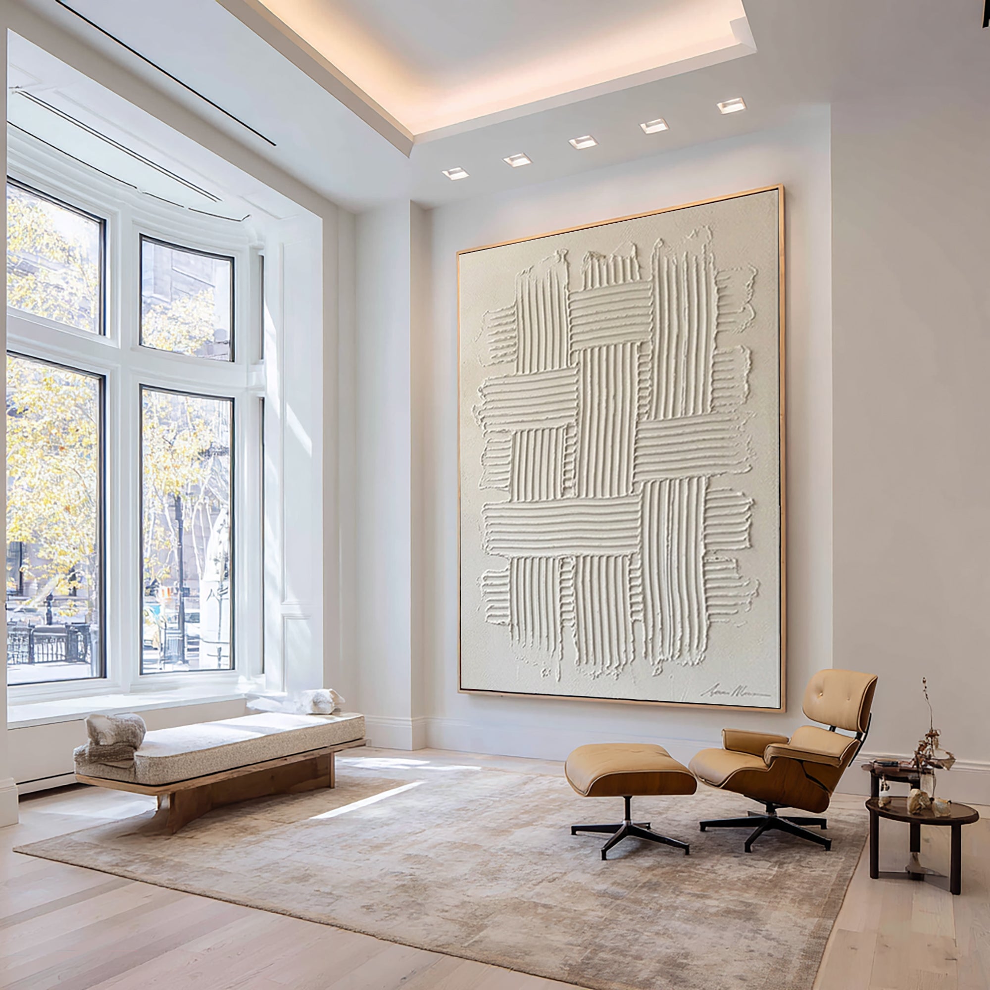 Large Luxury White Relief Painting Modern Textured Canvas Art 