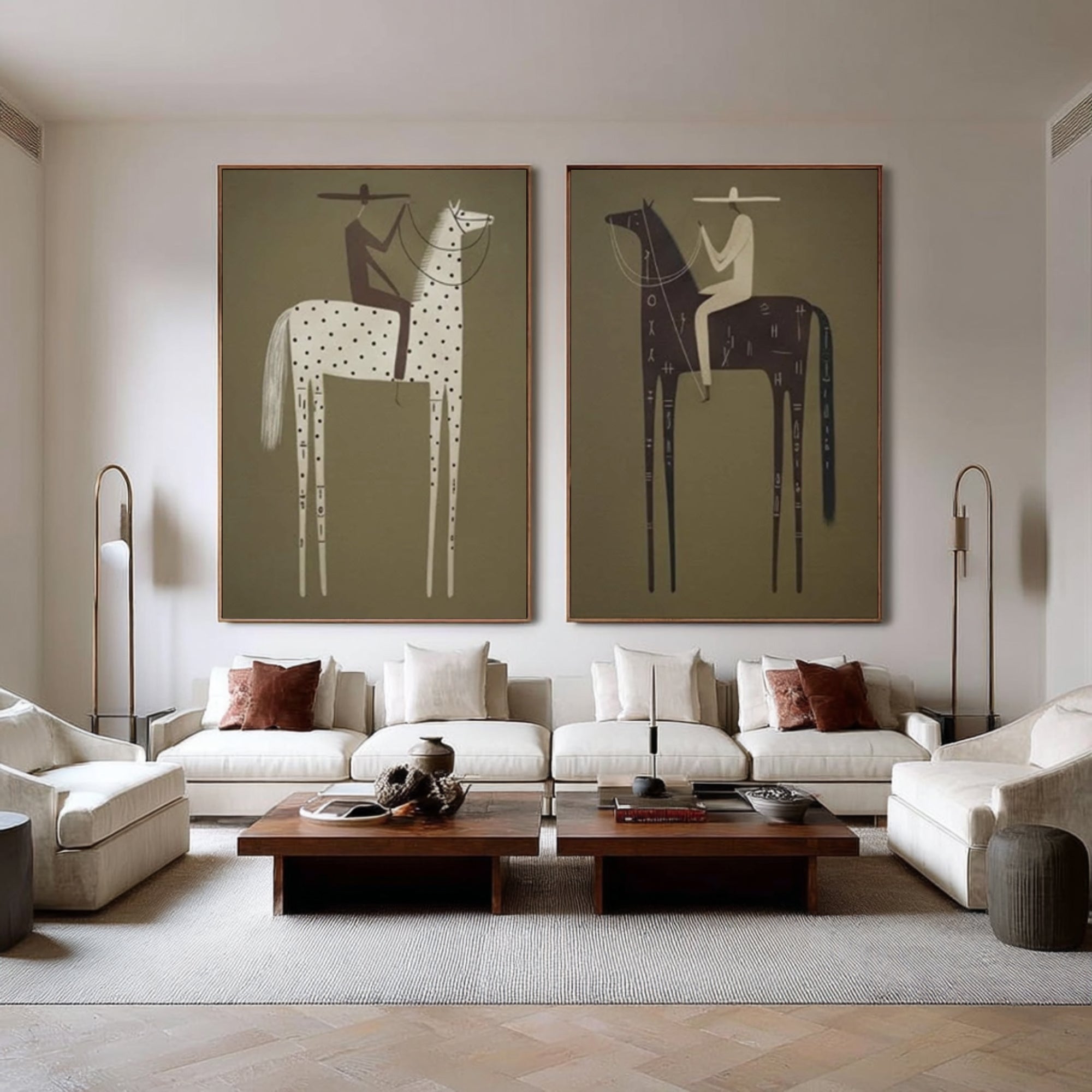Large Bohemian Horse Rider Canvas Art Modern Neutral Diptych | KeiraArt