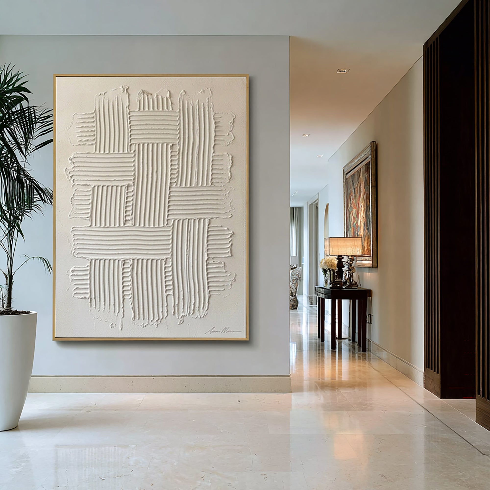 Large Luxury White Relief Painting Modern Textured Canvas Art 