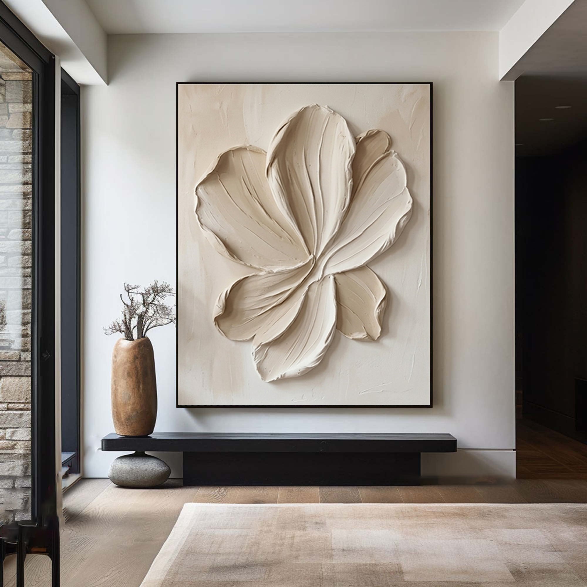 Large Beige Petal Relief Canvas Art Contemporary Neutral Wall Decor