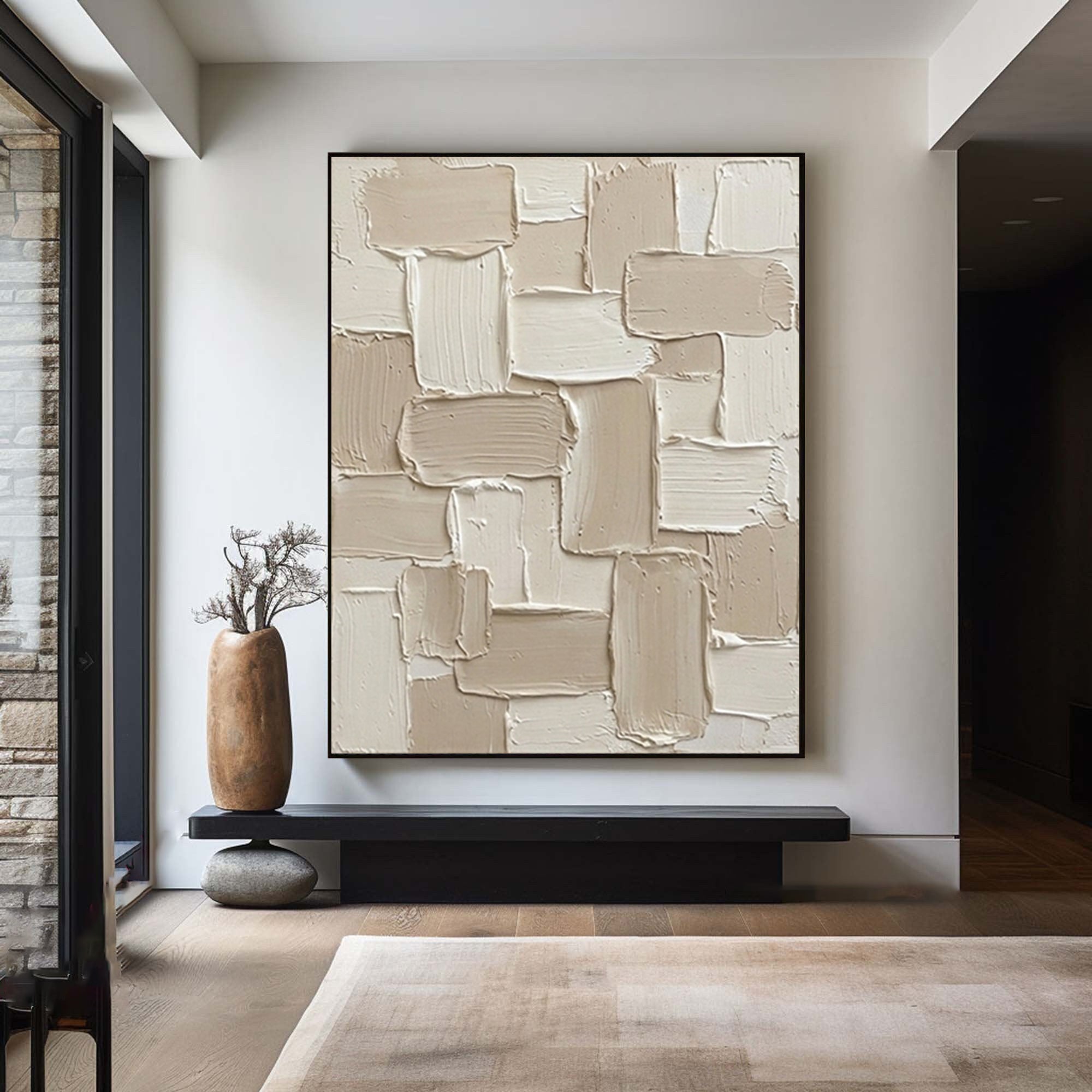 Large Handcrafted Cream Texture Canvas Art with Minimalist Geometric Design
