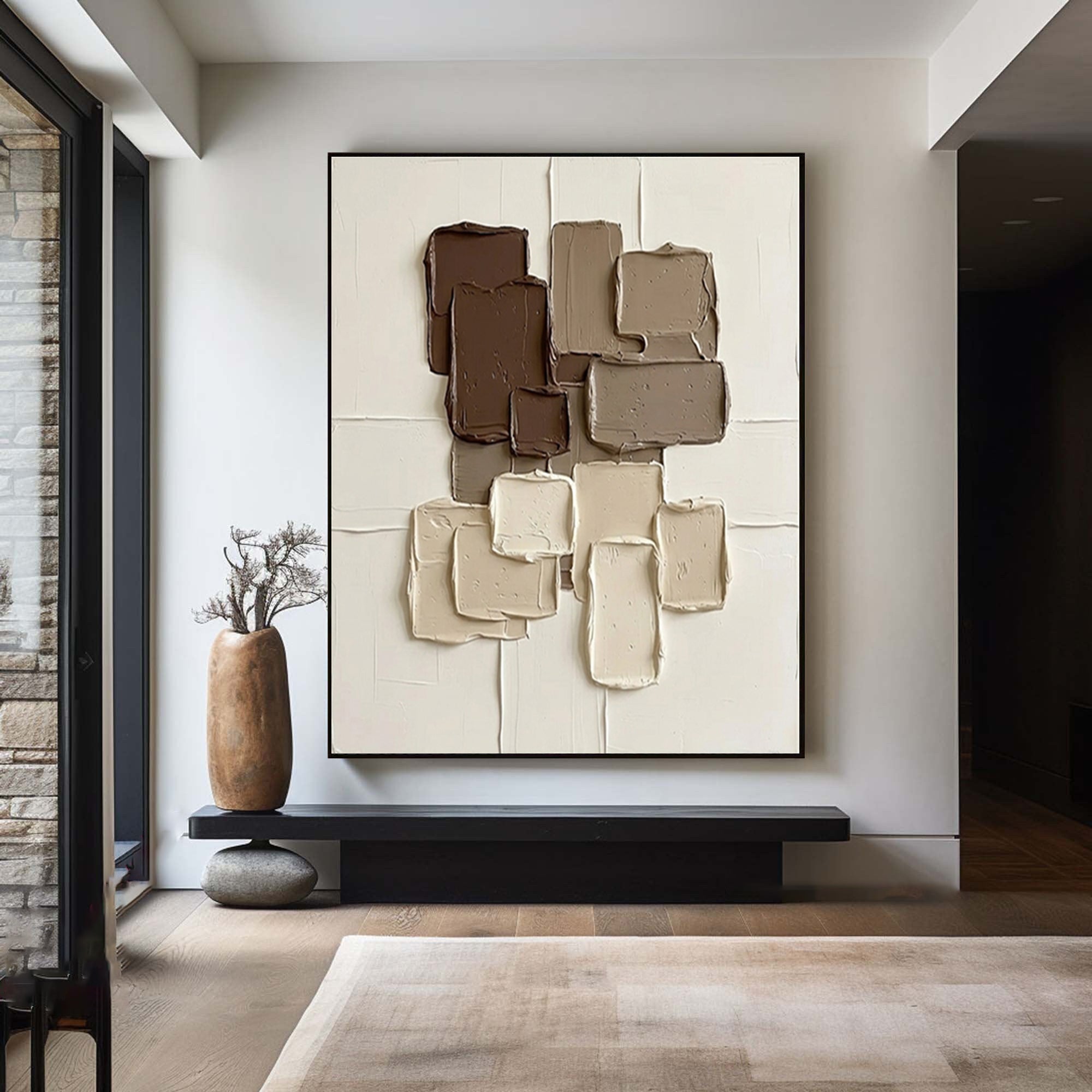 Large Coffee Brown Geometric Texture Canvas Art Contemporary Wall Decor 