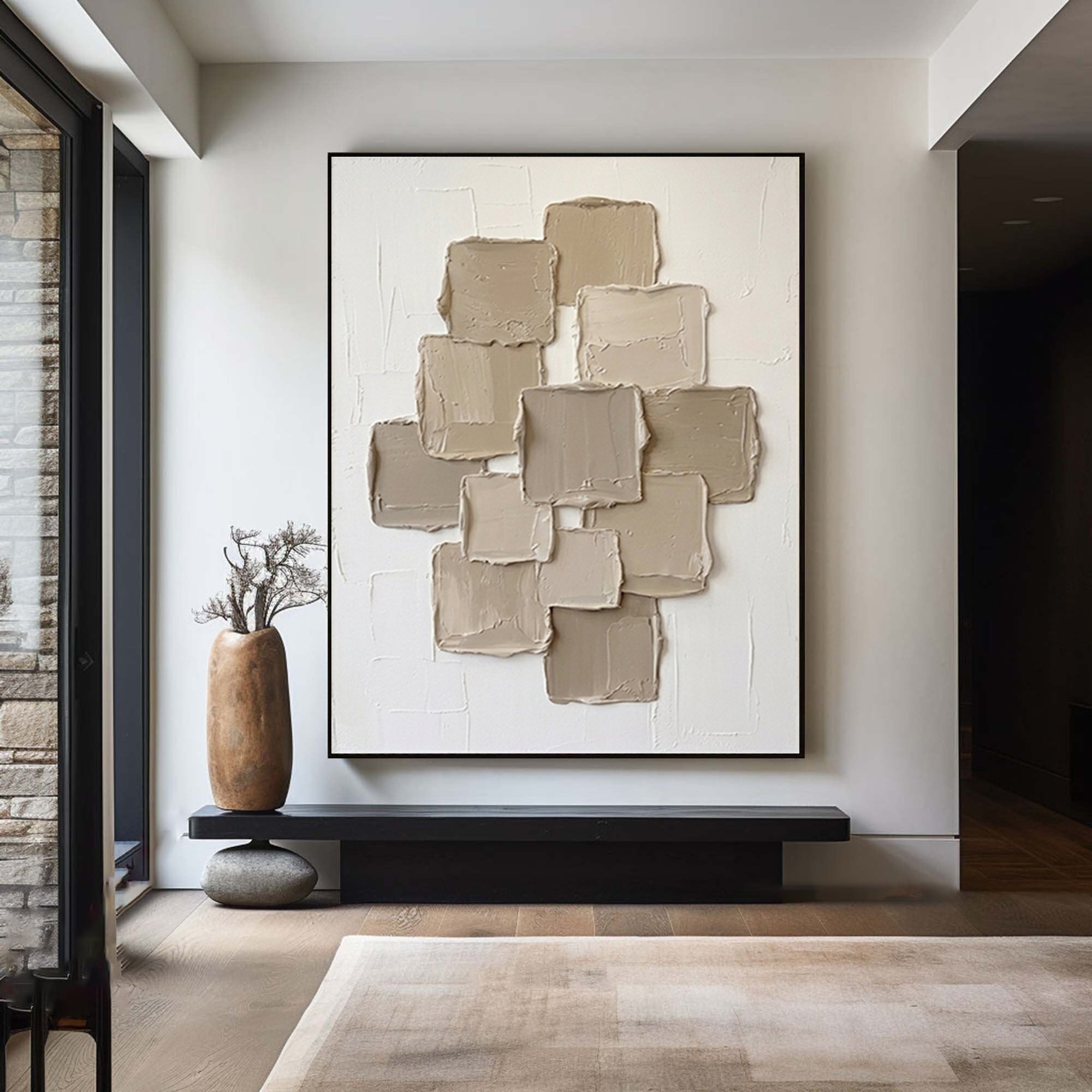  Large Neutral Cluster Textured Canvas Art Minimalist Architectural Wall Decor