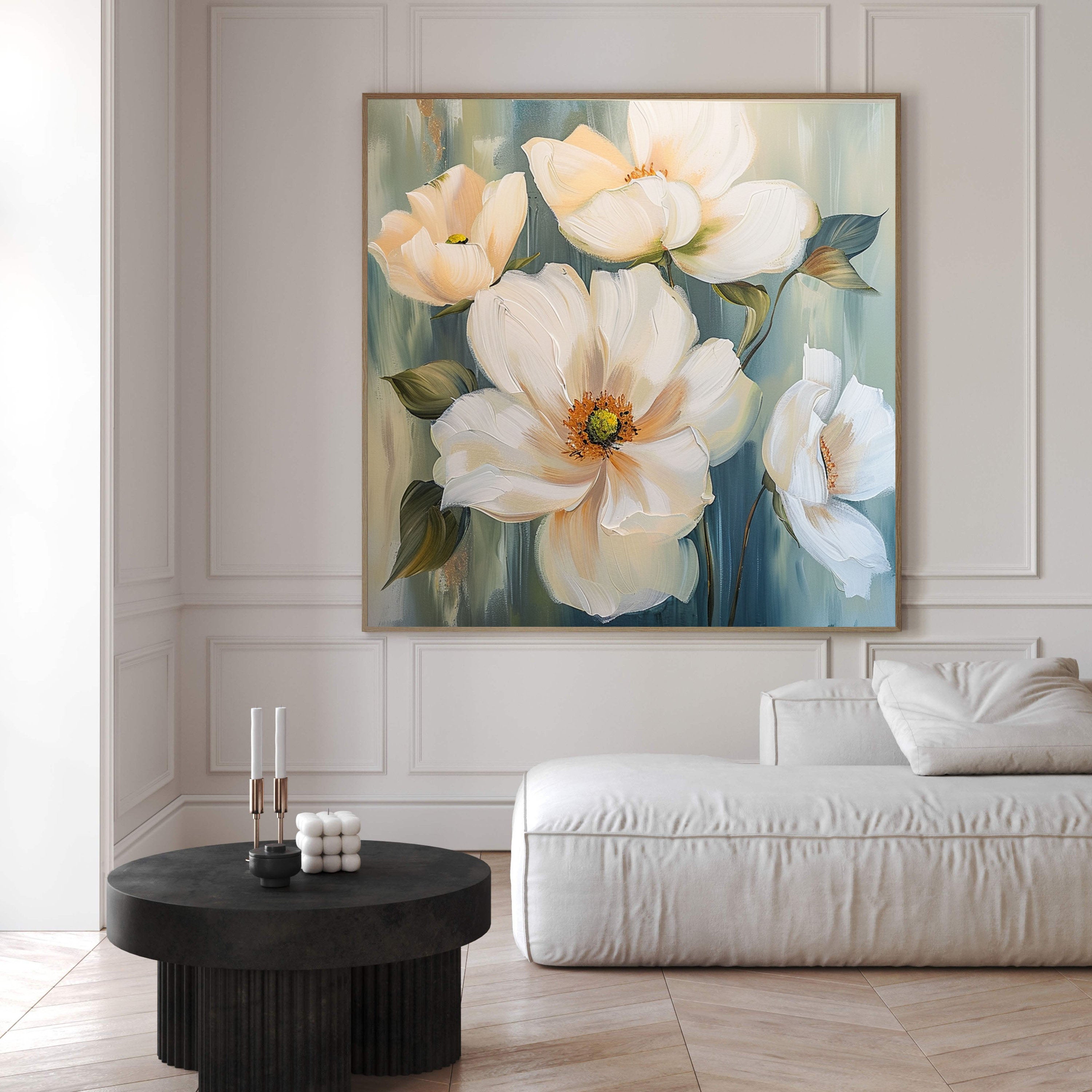 Large Floral Wall Art Tranquil White Blooms on Canvas #FT 019