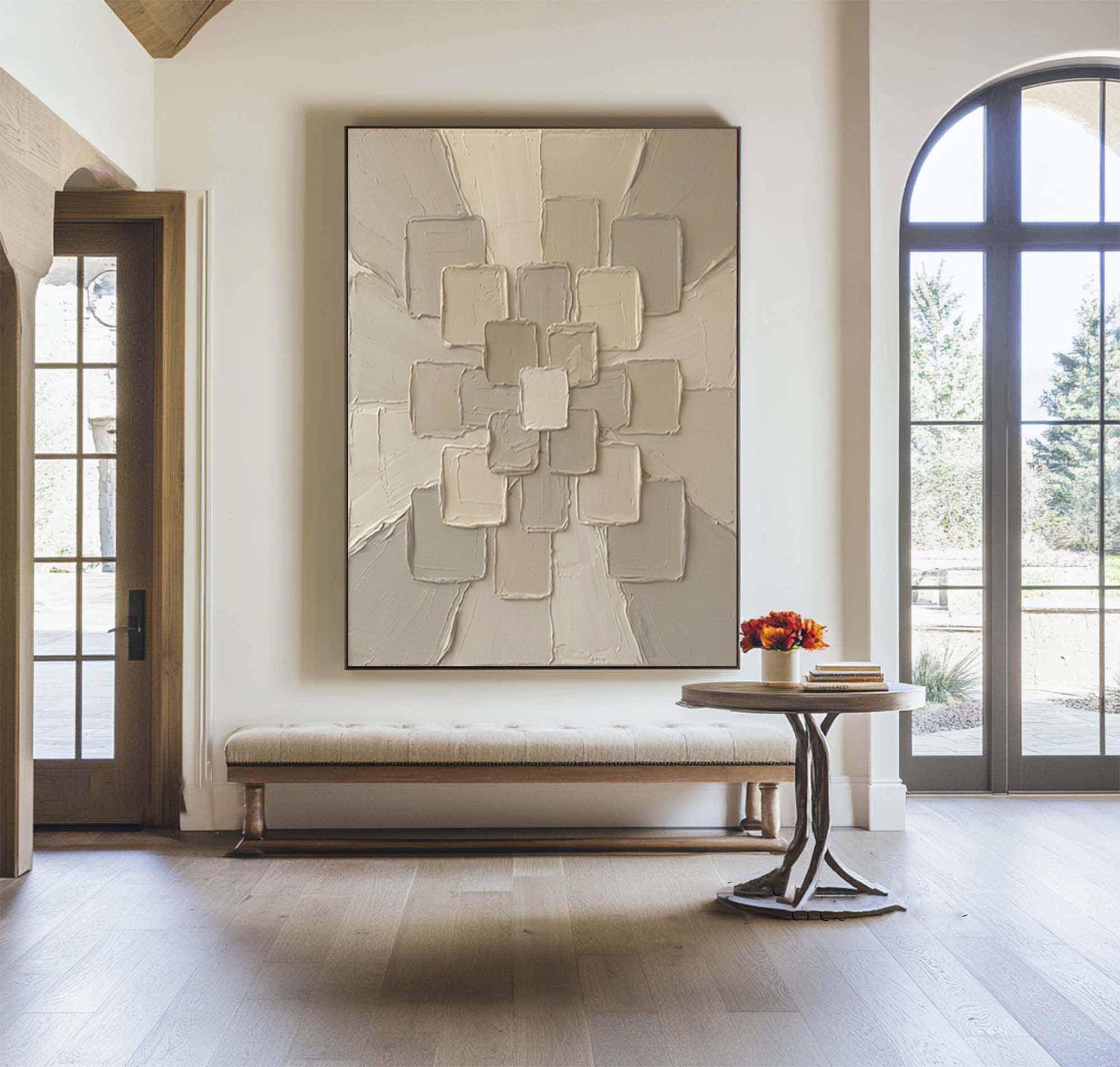 Large Beige Textured Canvas Art Contemporary Geometric Wall Decor 
