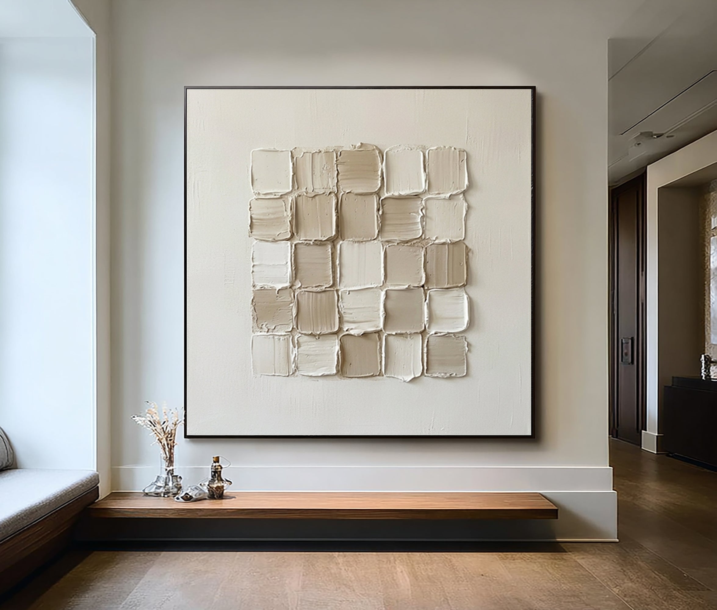 Large Architectural Grid Study Wall Art Neutral Contemporary Relief Painting 