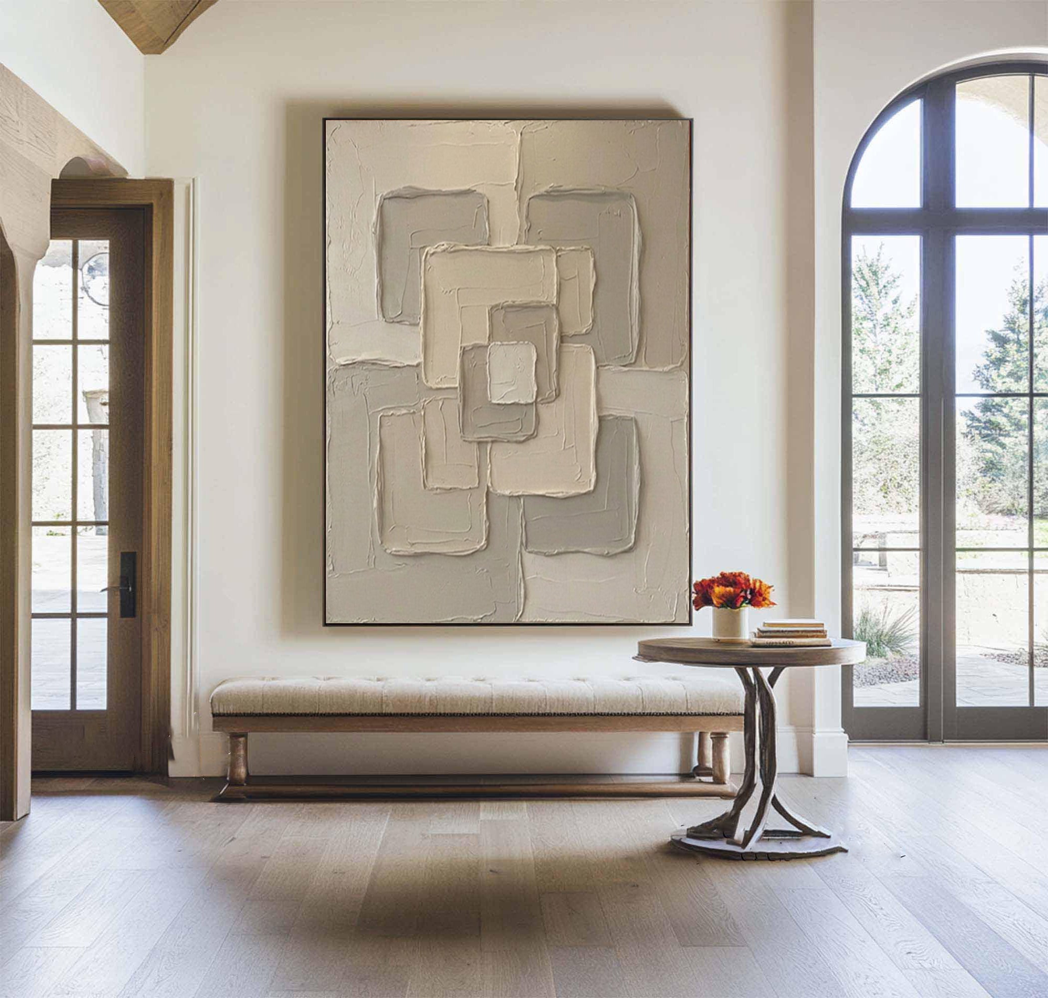 Large Beige Textured Canvas Art Modern Geometric Wall Decor 