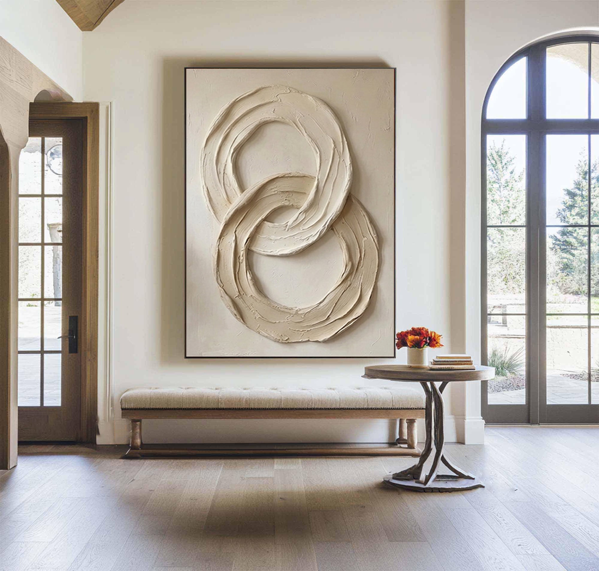 Large Hand-Painted Neutral Texture Painting | Modern Sculptural Circle Wall Decor  