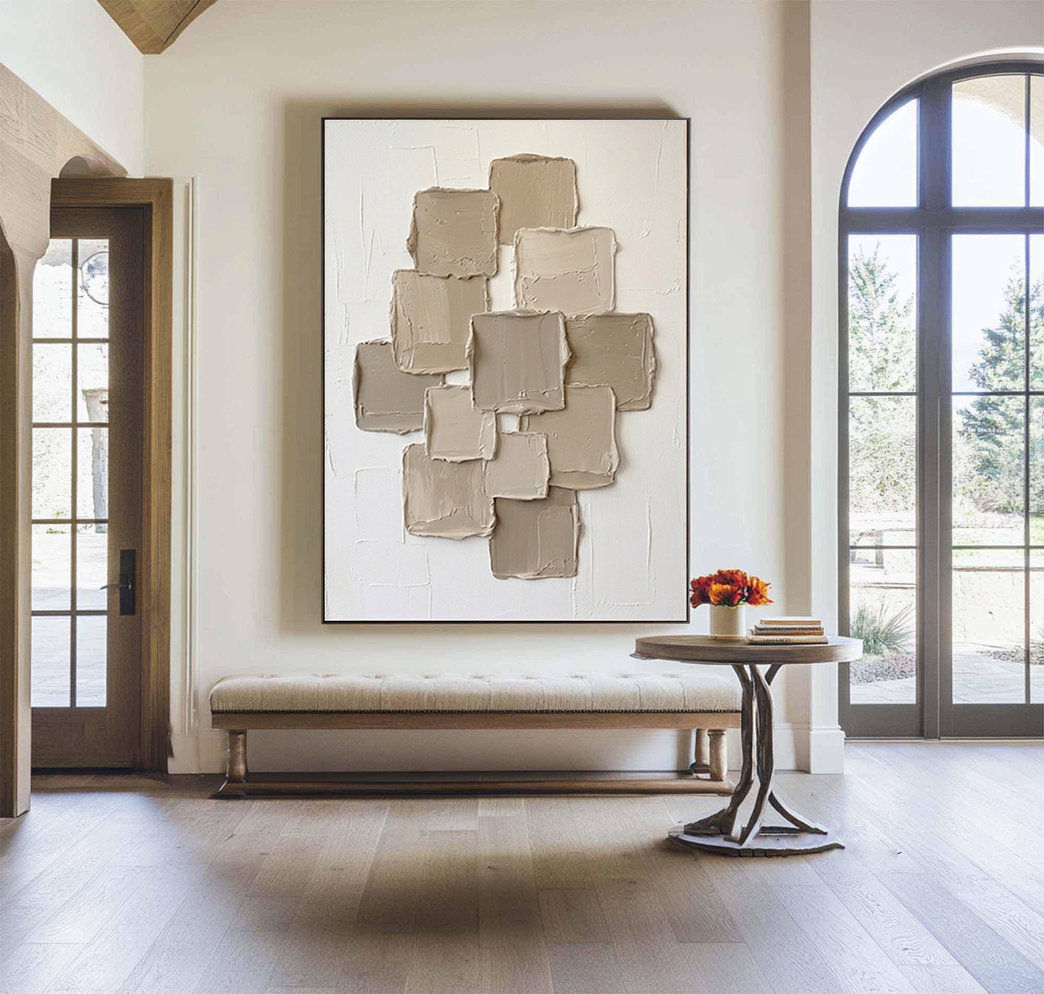  Large Neutral Cluster Textured Canvas Art Minimalist Architectural Wall Decor
