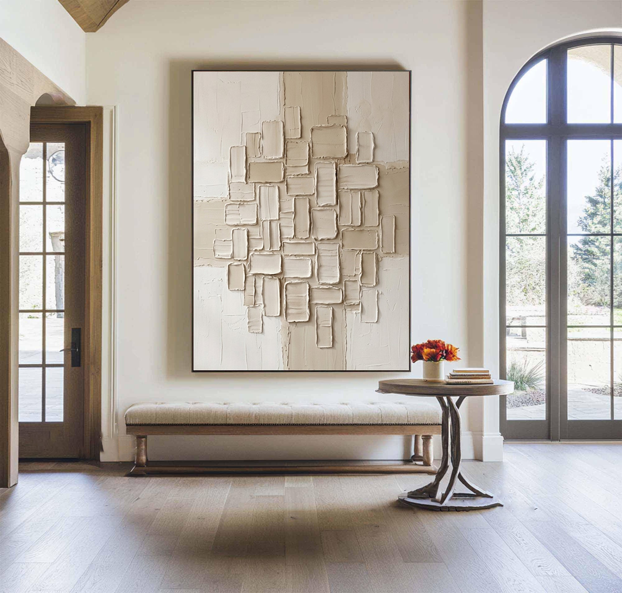 Large Hand-Painted Abstract Relief Wall Art in Ivory and Cream Tones