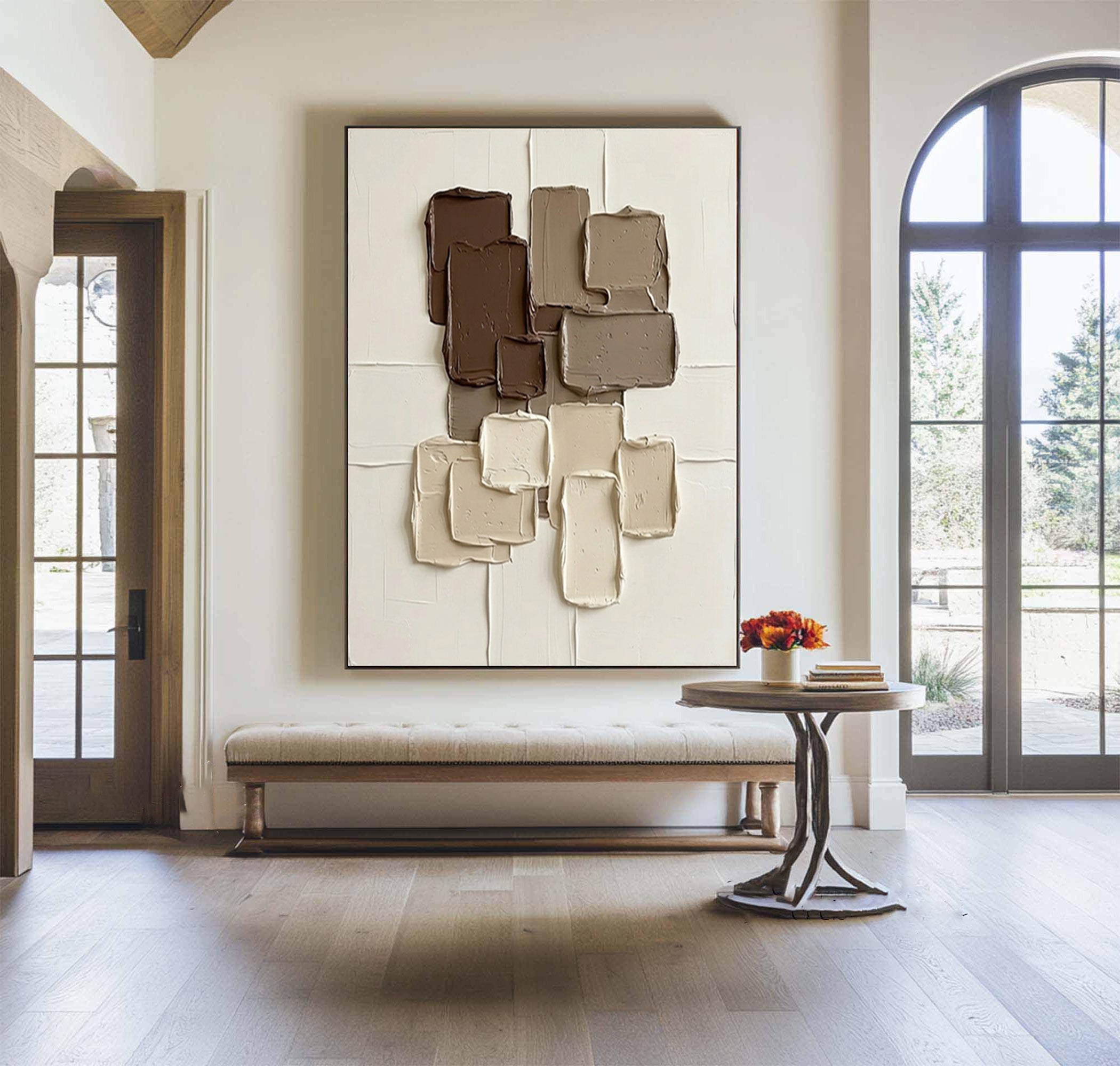 Large Coffee Brown Geometric Texture Canvas Art Contemporary Wall Decor 
