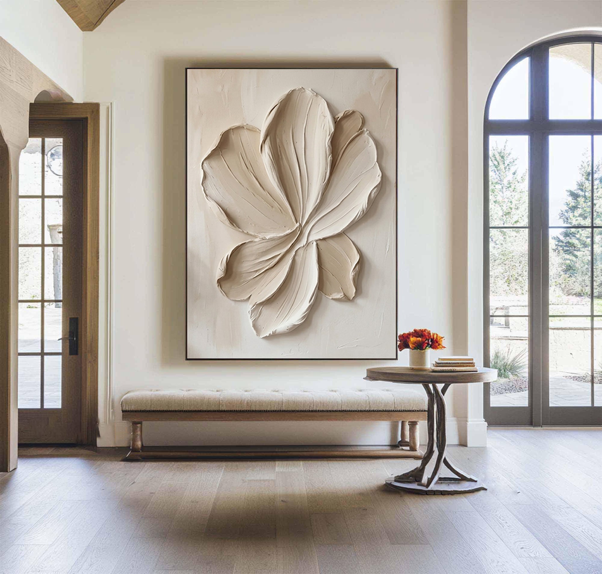Large Beige Petal Relief Canvas Art Contemporary Neutral Wall Decor