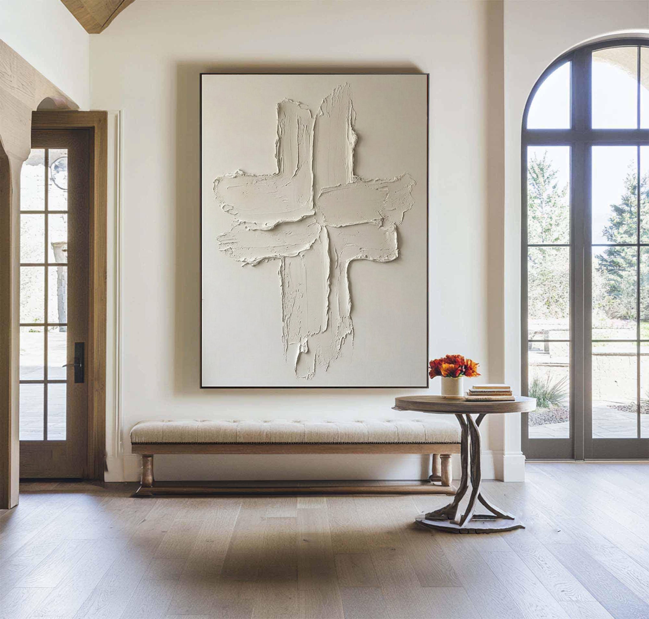 Large Contemporary Relief Painting with Abstract Cross Brush Texture